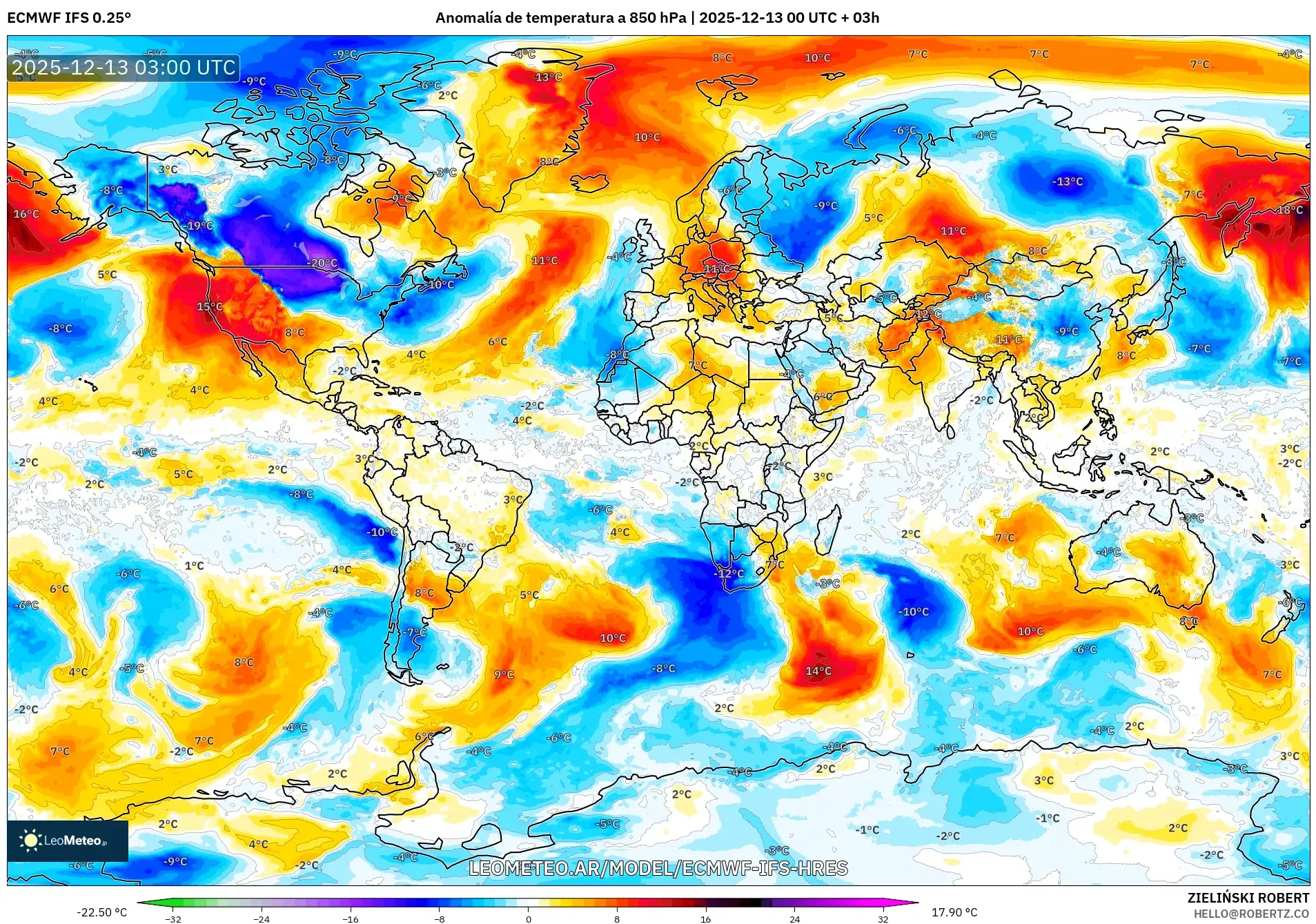 ECMWF IFS 0.25° model - Mundo, Anomalía de temperatura a 850 hPa
