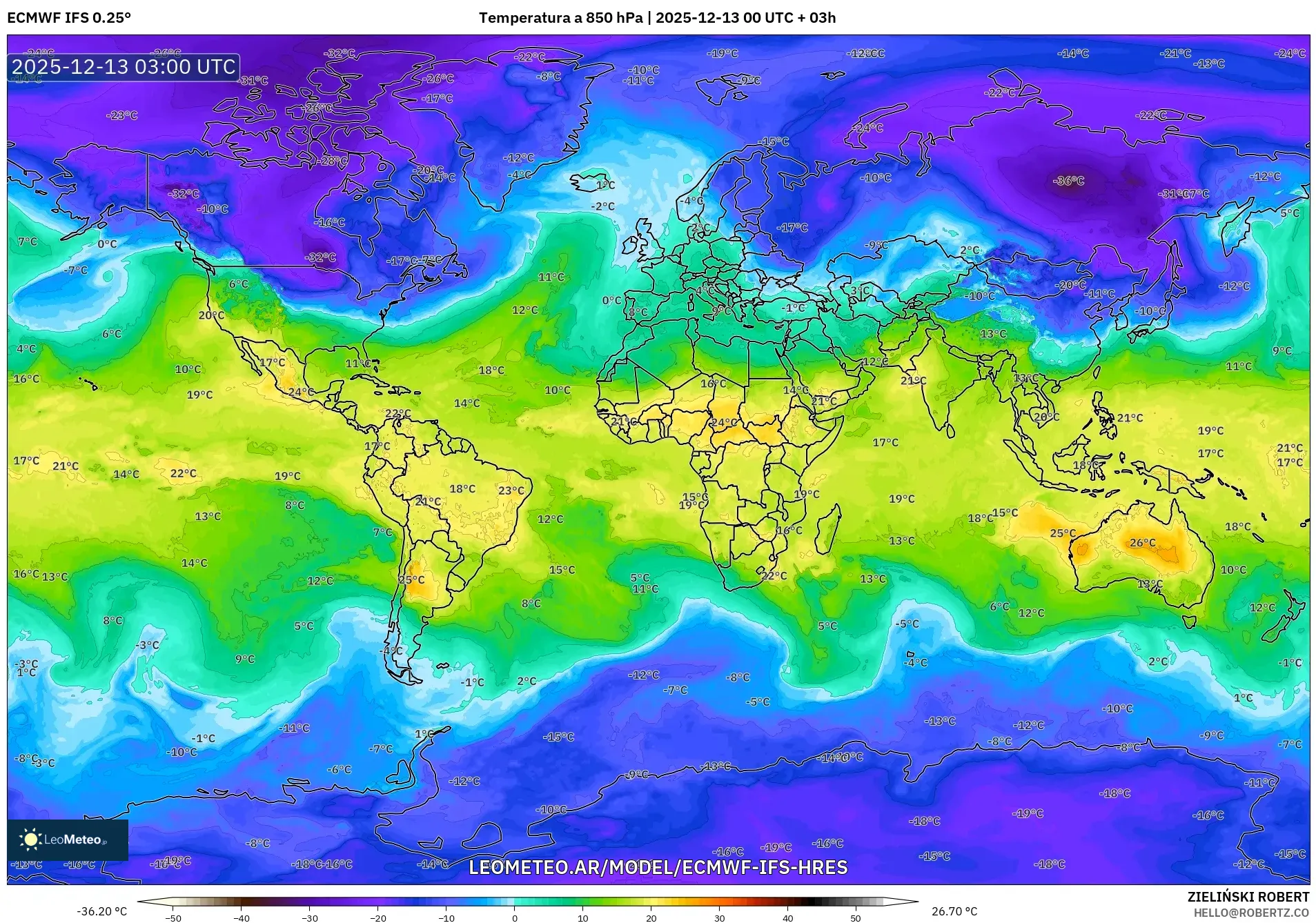 ECMWF IFS 0.25° model - Mundo, Temperatura a 850 hPa