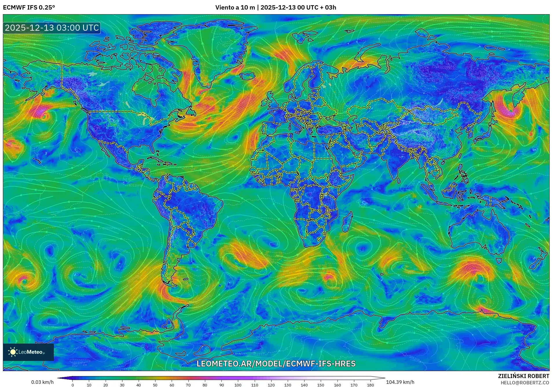 ECMWF IFS 0.25° model - Mundo, Viento a 10 m