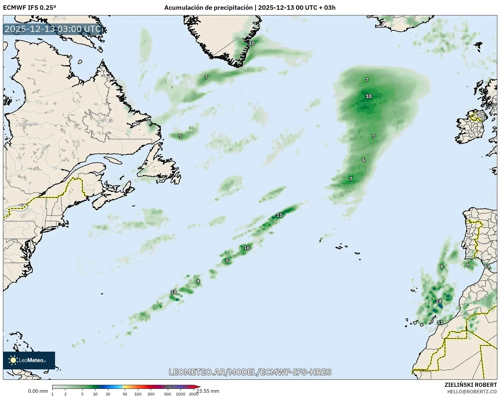 ECMWF IFS 0.25° model - Norte Atlántico, Acumulación de precipitación
