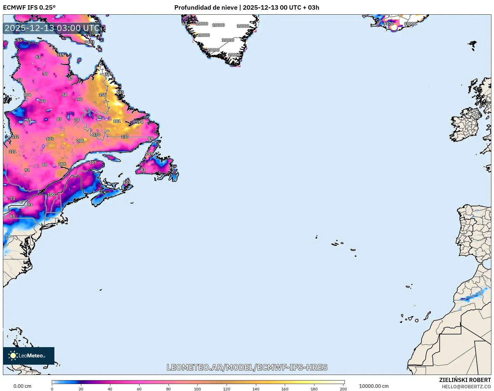 ECMWF IFS 0.25° model - Norte Atlántico, Profundidad de nieve