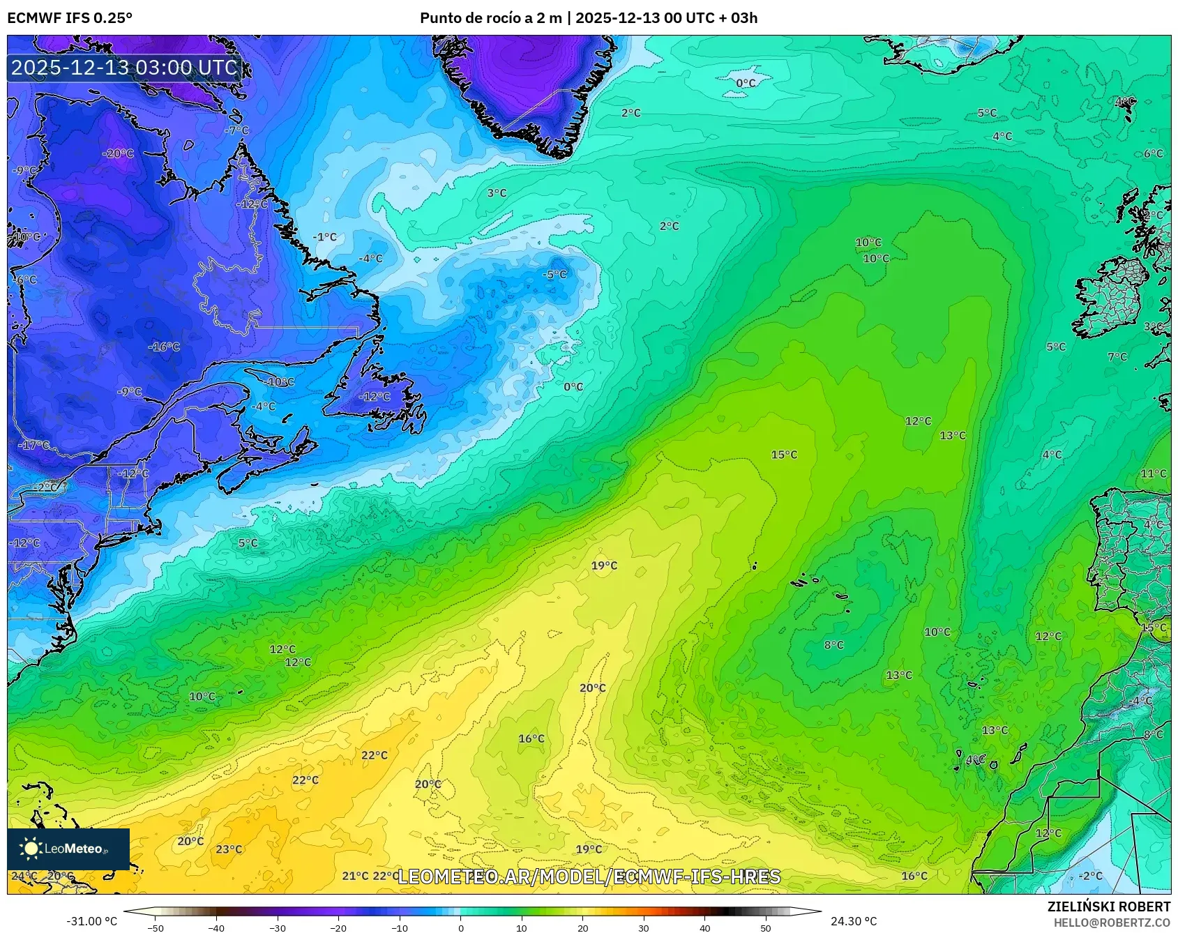 ECMWF IFS 0.25° model - Norte Atlántico, Punto de rocío a 2 m