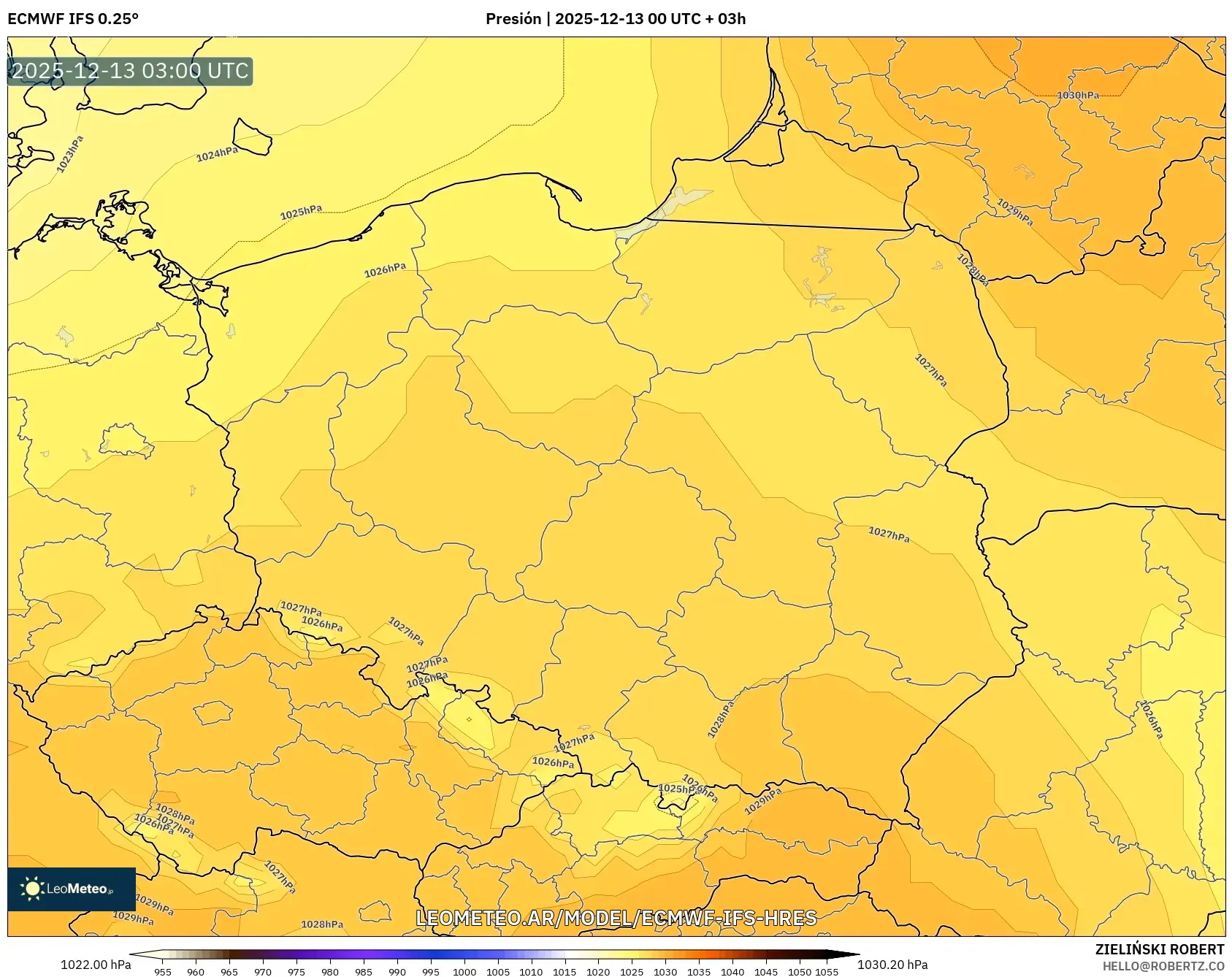 ECMWF IFS 0.25° model - Polonia, Presión