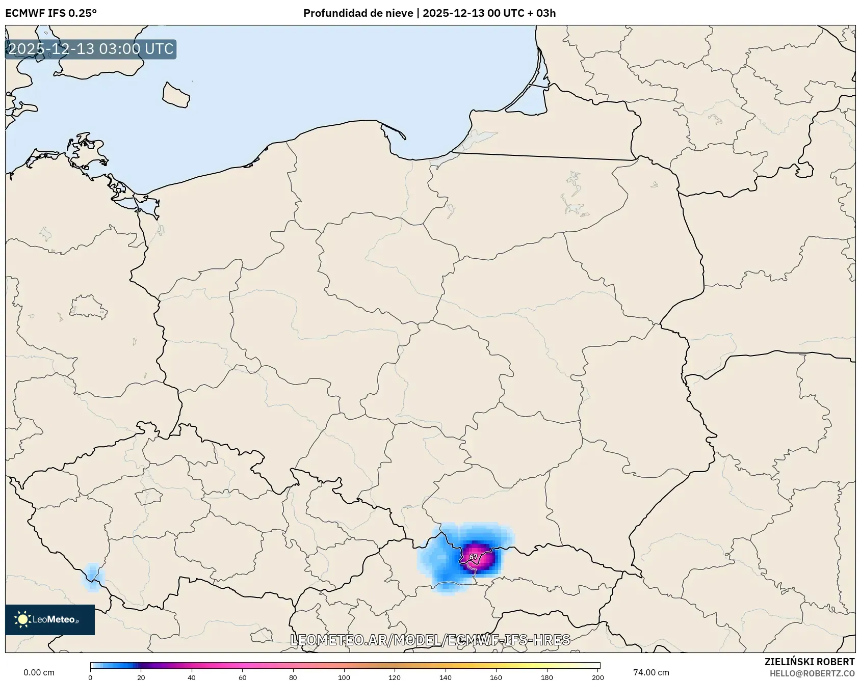 ECMWF IFS 0.25° model - Polonia, Profundidad de nieve