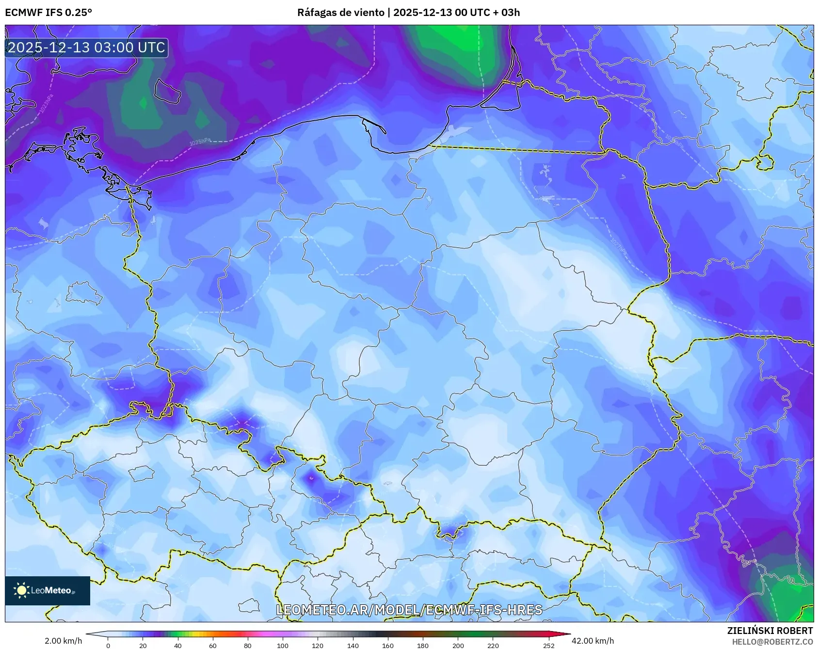 ECMWF IFS 0.25° model - Polonia, Ráfagas de viento