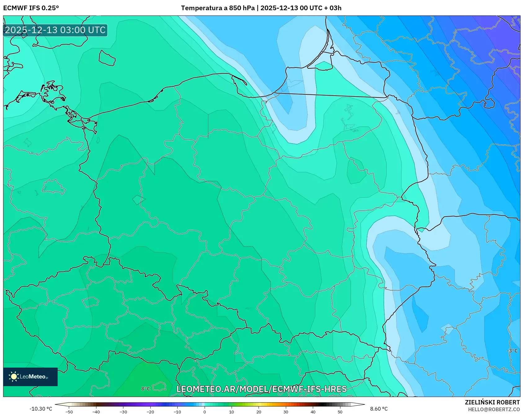 ECMWF IFS 0.25° model - Polonia, Temperatura a 850 hPa