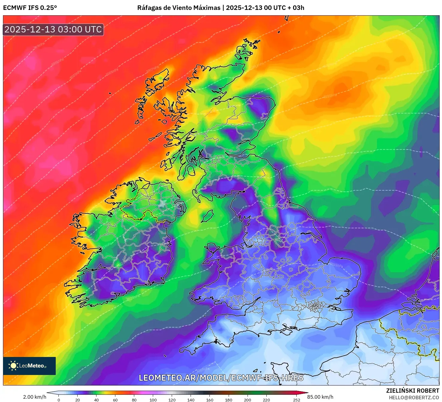 ECMWF IFS 0.25° model - Reino Unido, Ráfagas de Viento Máximas