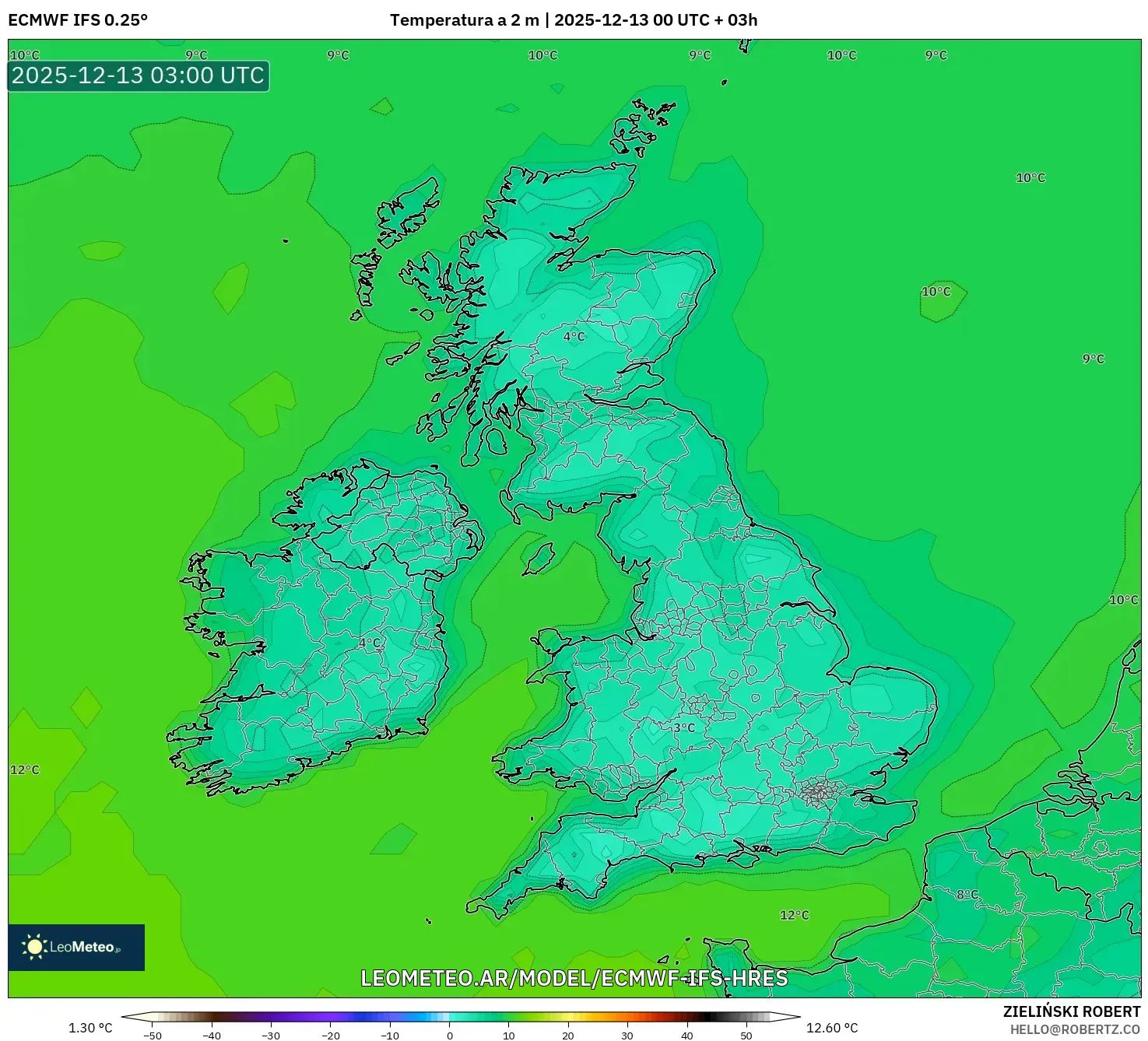 ECMWF IFS 0.25° model - Reino Unido, Temperatura a 2 m