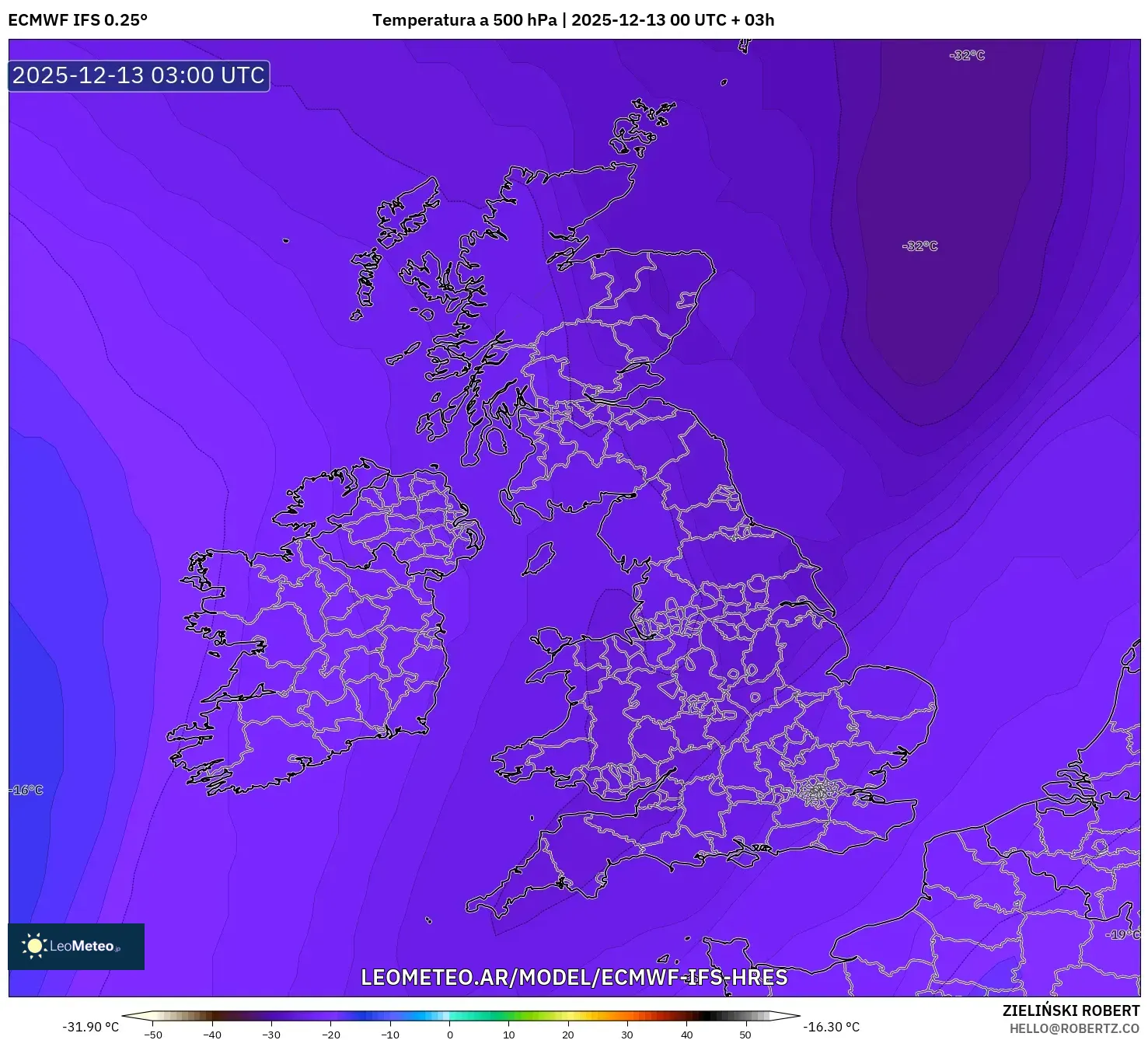 ECMWF IFS 0.25° model - Reino Unido, Temperatura a 500 hPa