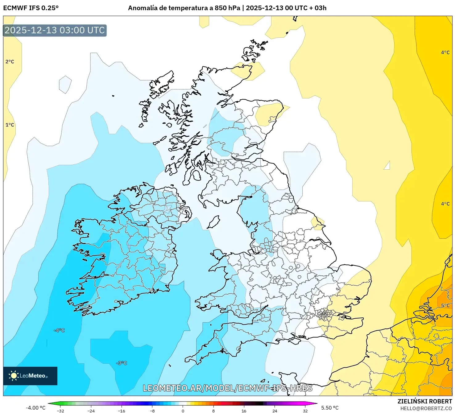 ECMWF IFS 0.25° model - Reino Unido, Anomalía de temperatura a 850 hPa