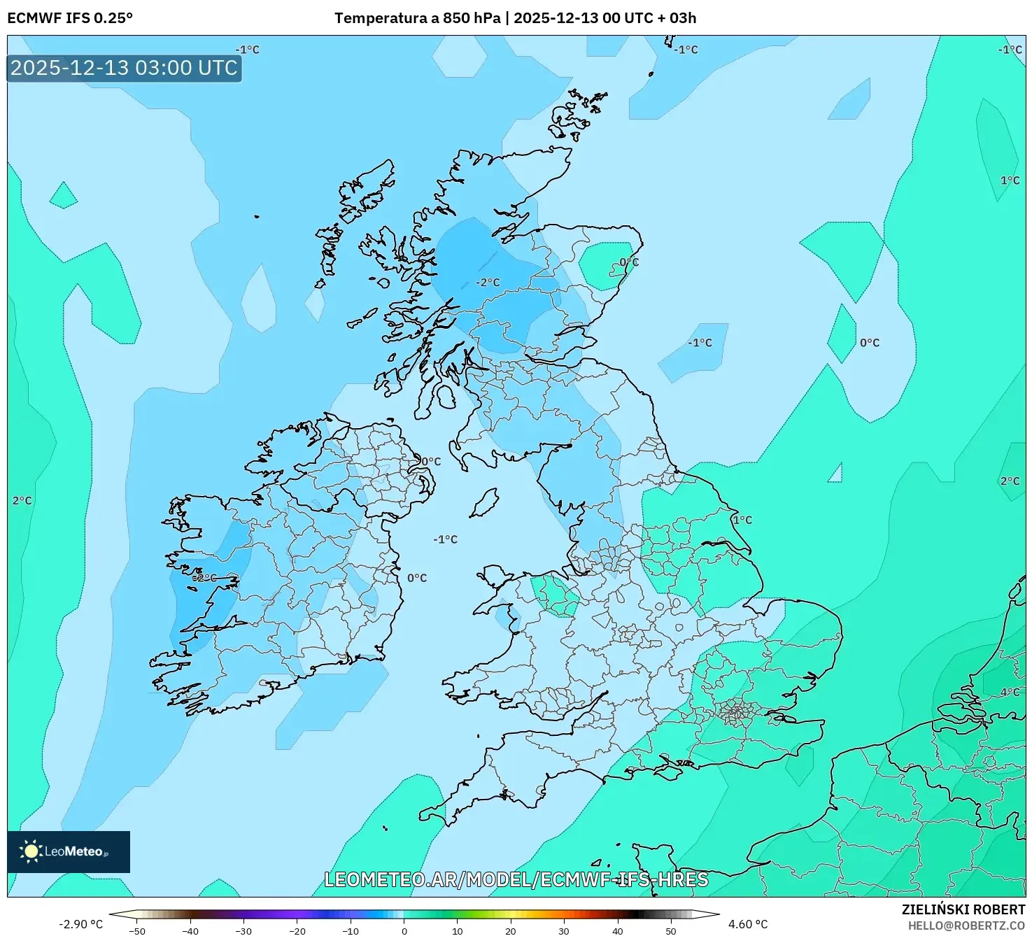 ECMWF IFS 0.25° model - Reino Unido, Temperatura a 850 hPa