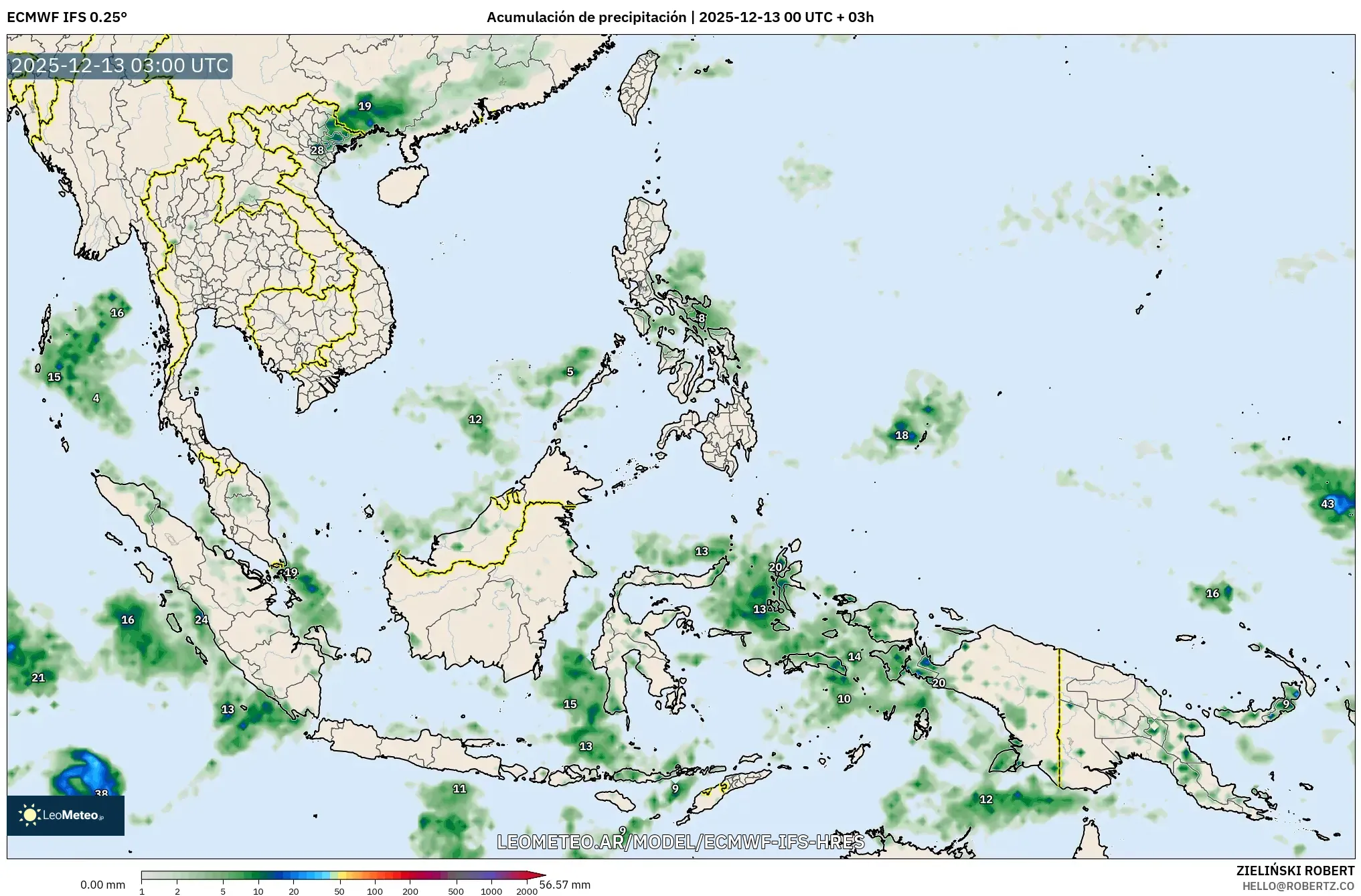 ECMWF IFS 0.25° model - Sudeste Asiático, Acumulación de precipitación