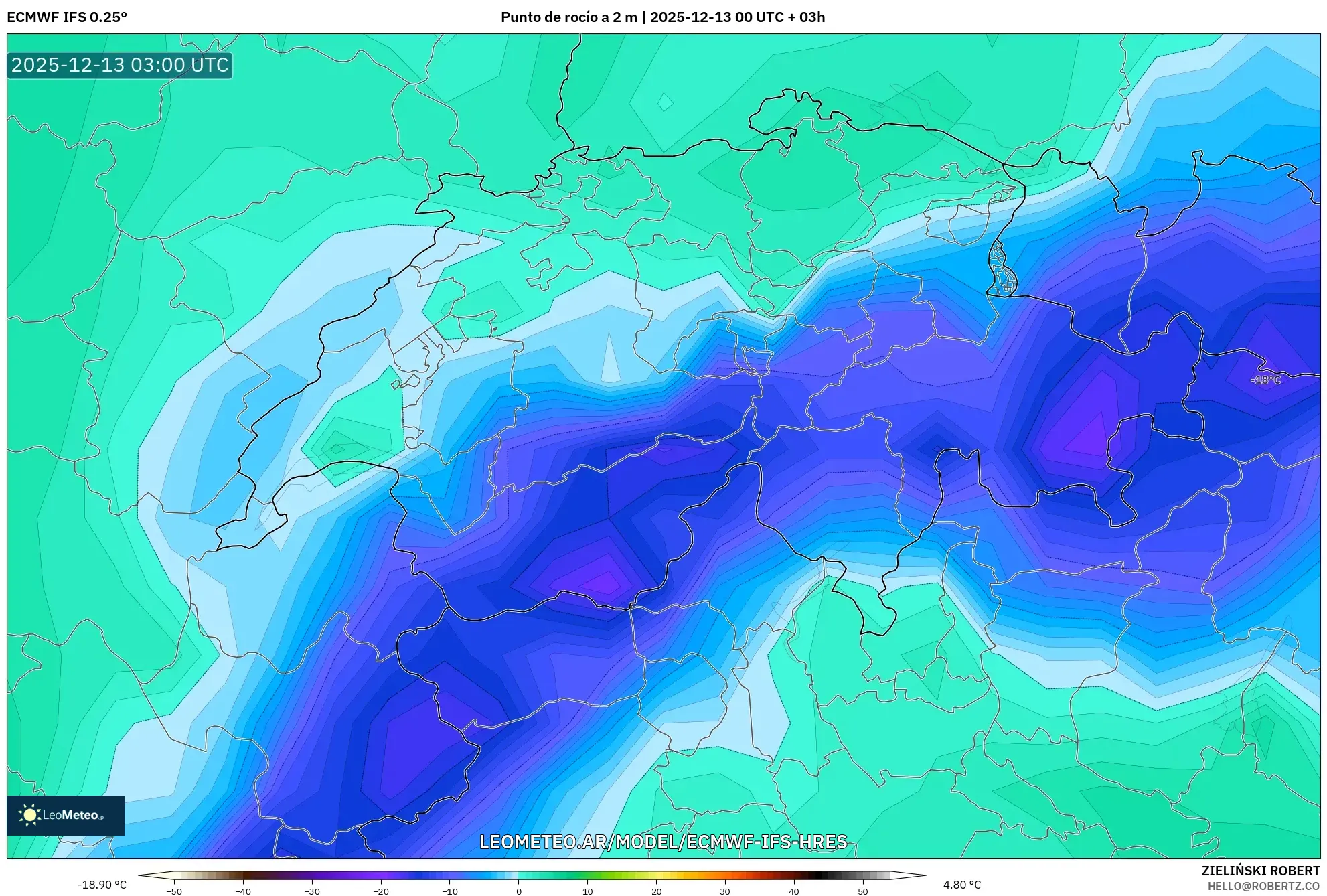 ECMWF IFS 0.25° model - Suiza, Punto de rocío a 2 m