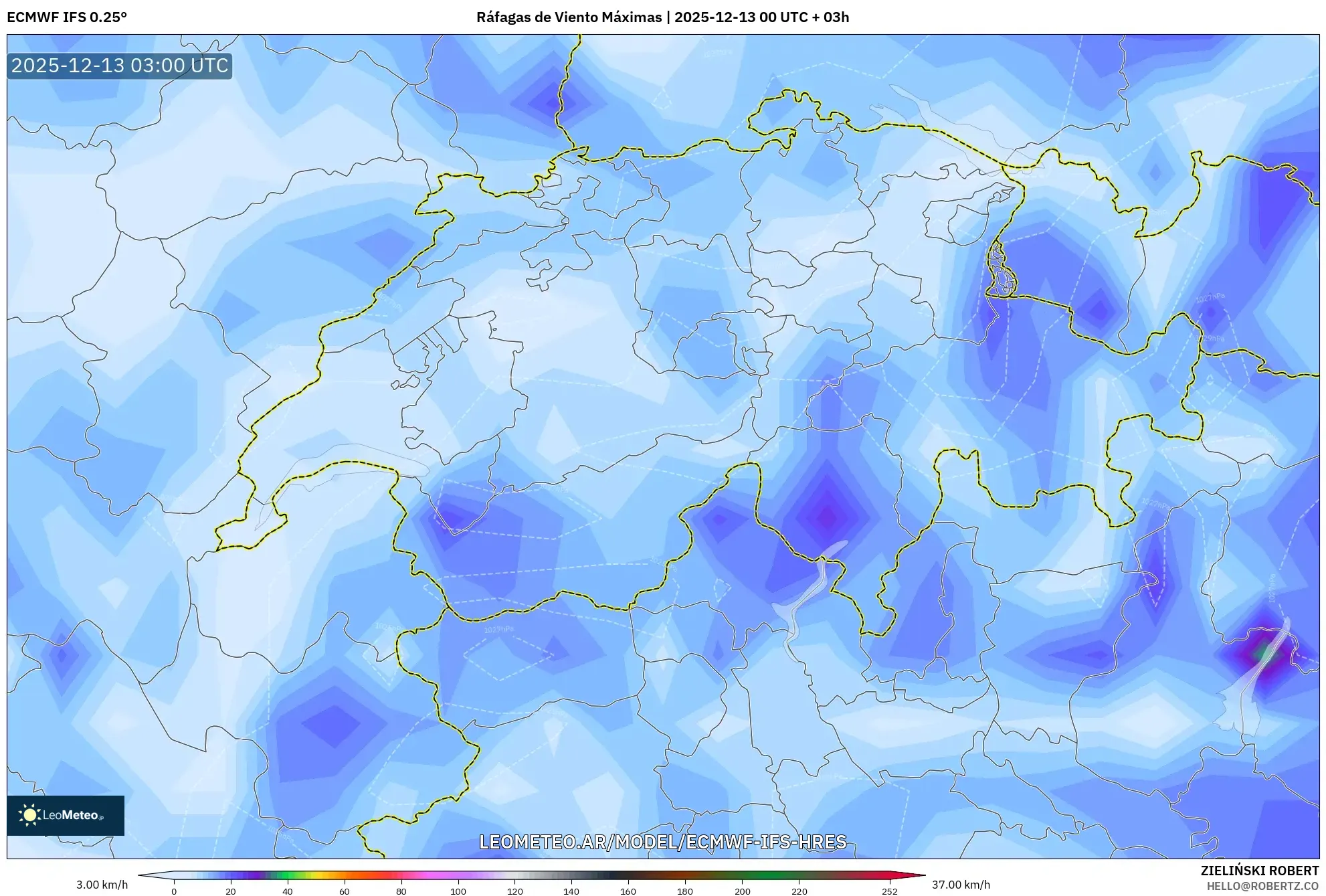 ECMWF IFS 0.25° model - Suiza, Ráfagas de Viento Máximas