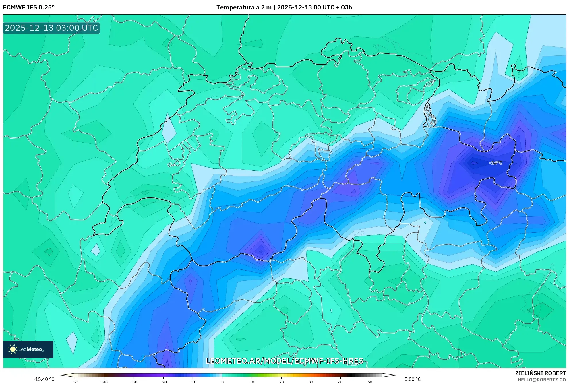 ECMWF IFS 0.25° model - Suiza, Temperatura a 2 m