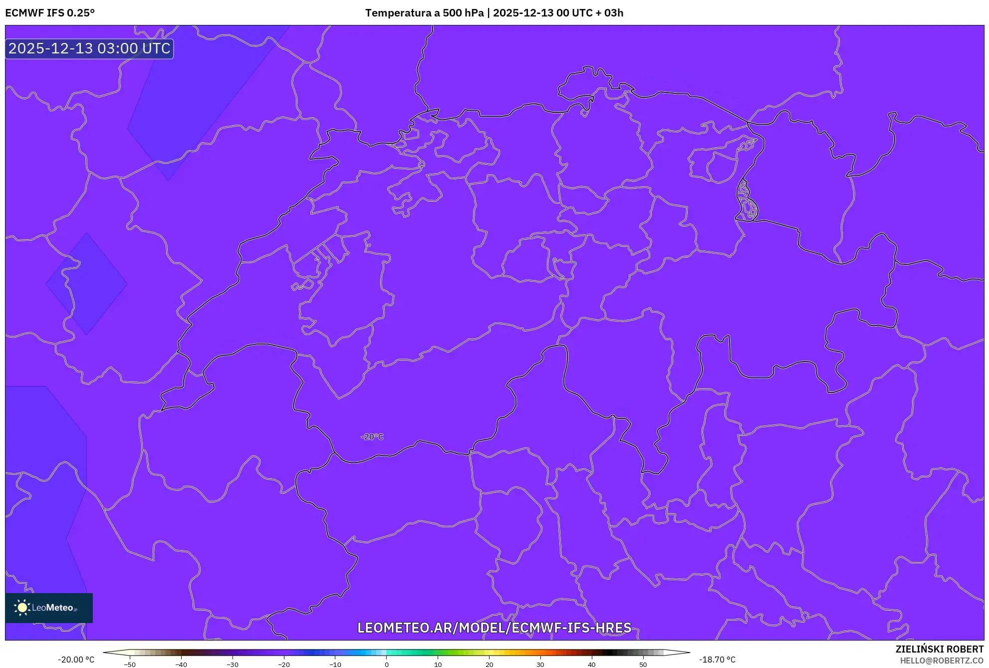 ECMWF IFS 0.25° model - Suiza, Temperatura a 500 hPa