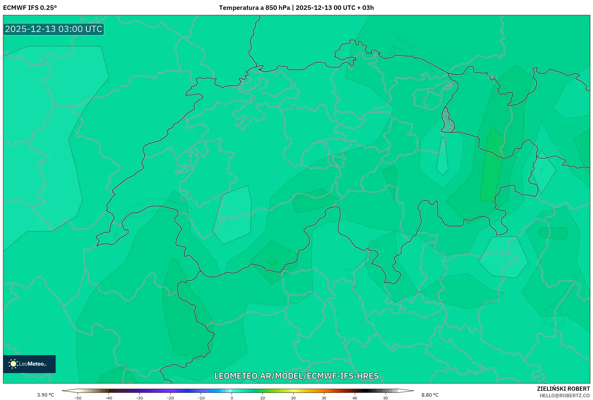 ECMWF IFS 0.25° model - Suiza, Temperatura a 850 hPa