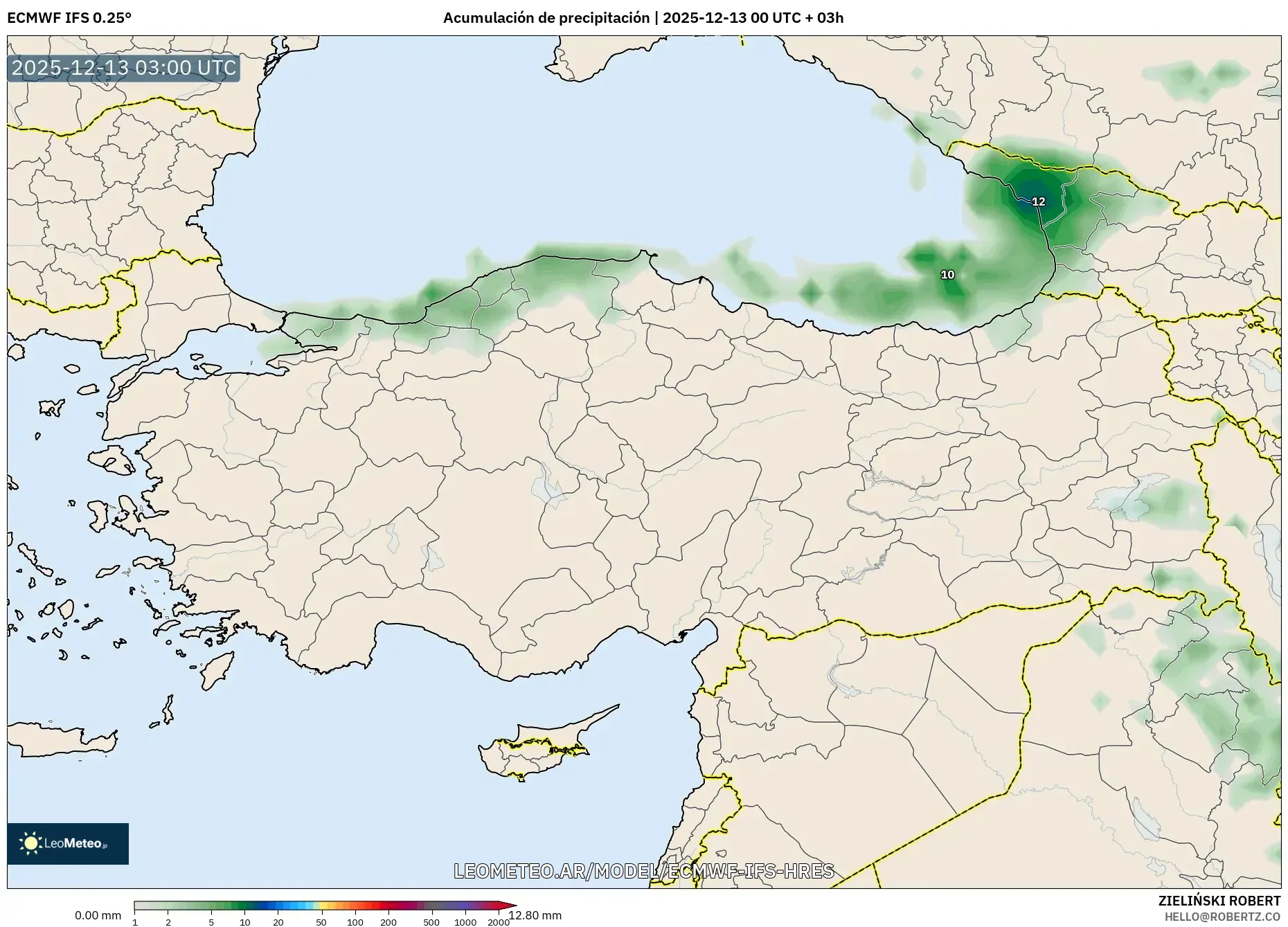 ECMWF IFS 0.25° model - Turquía, Acumulación de precipitación