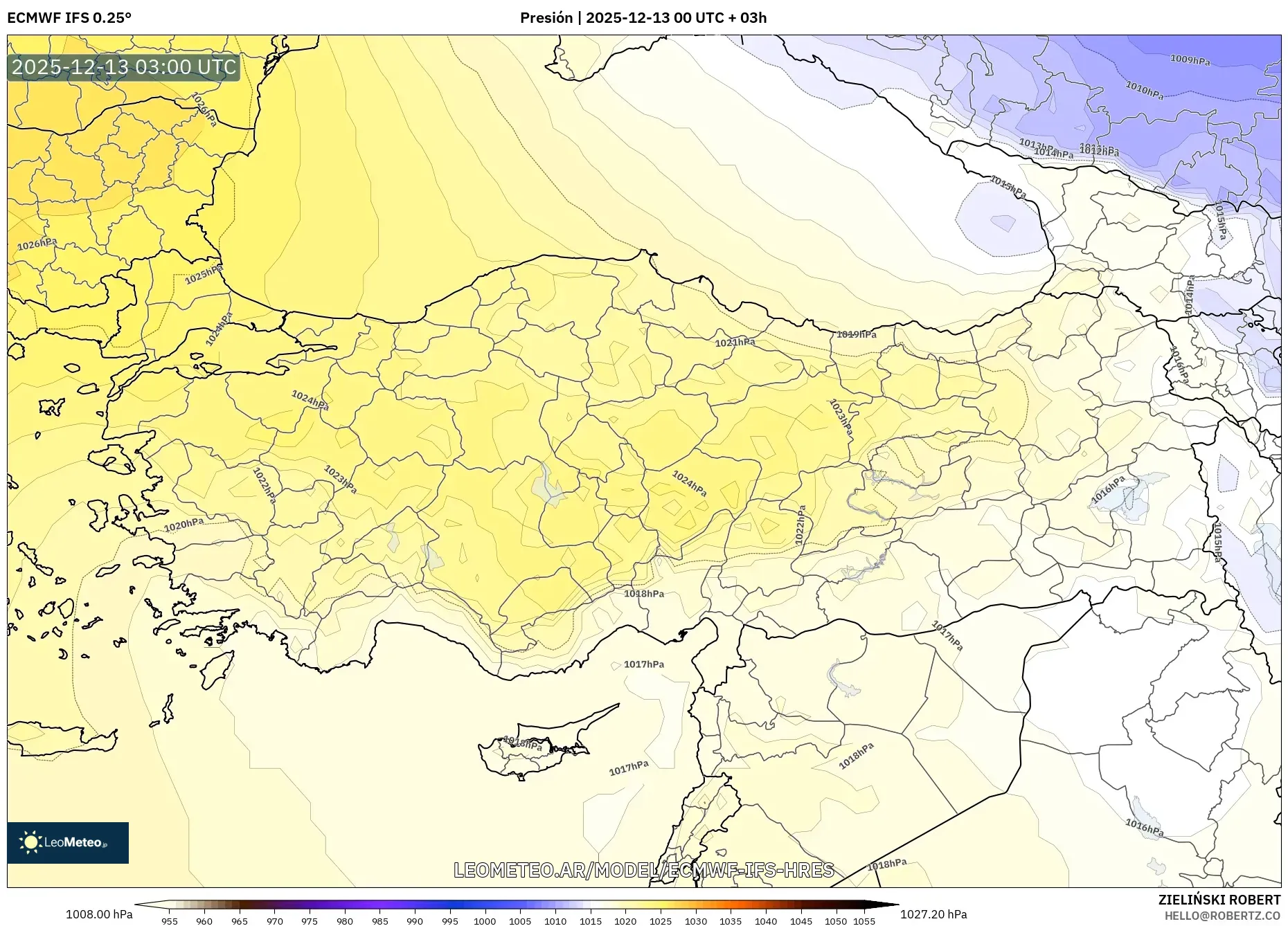 ECMWF IFS 0.25° model - Turquía, Presión