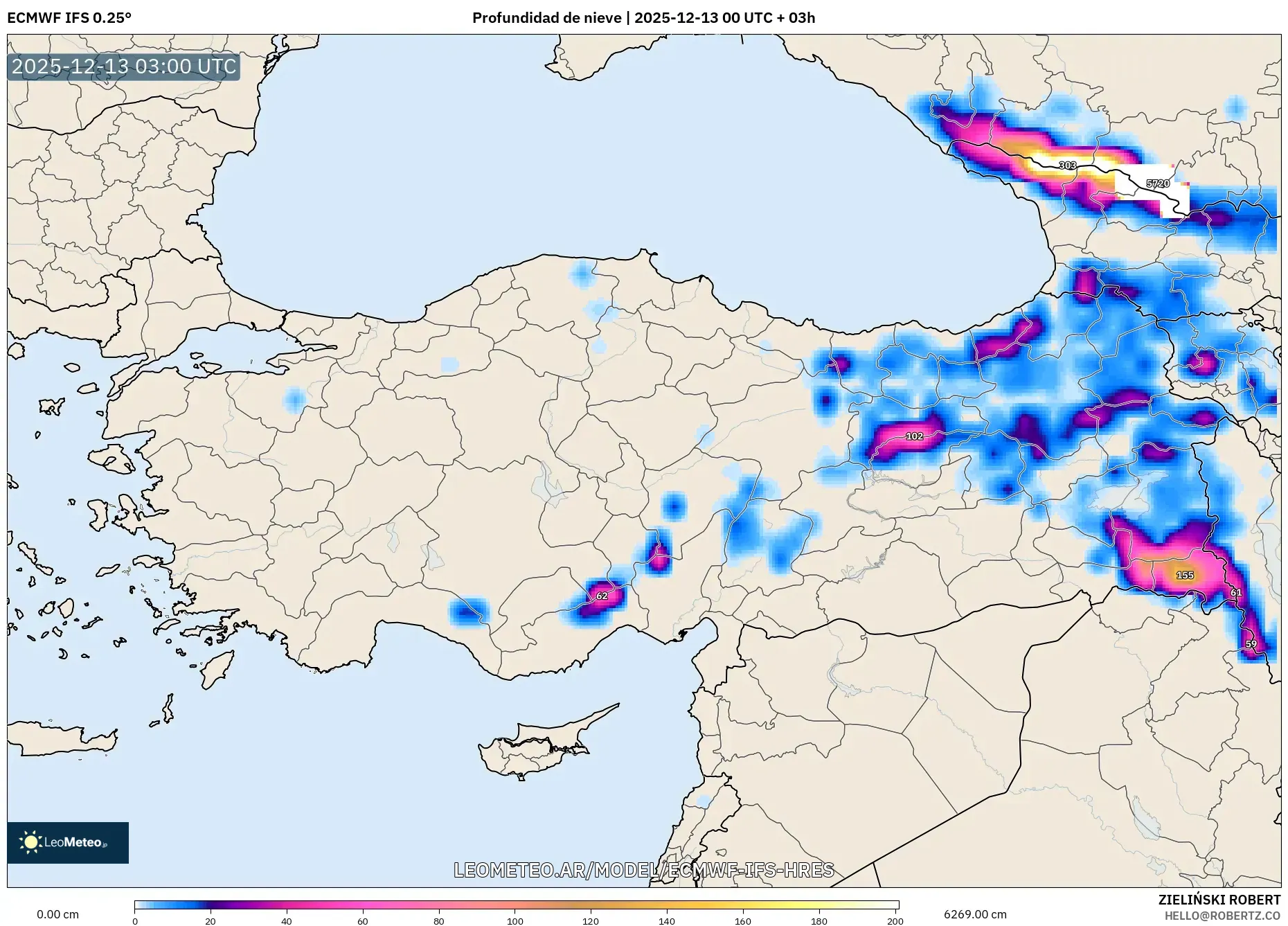 ECMWF IFS 0.25° model - Turquía, Profundidad de nieve