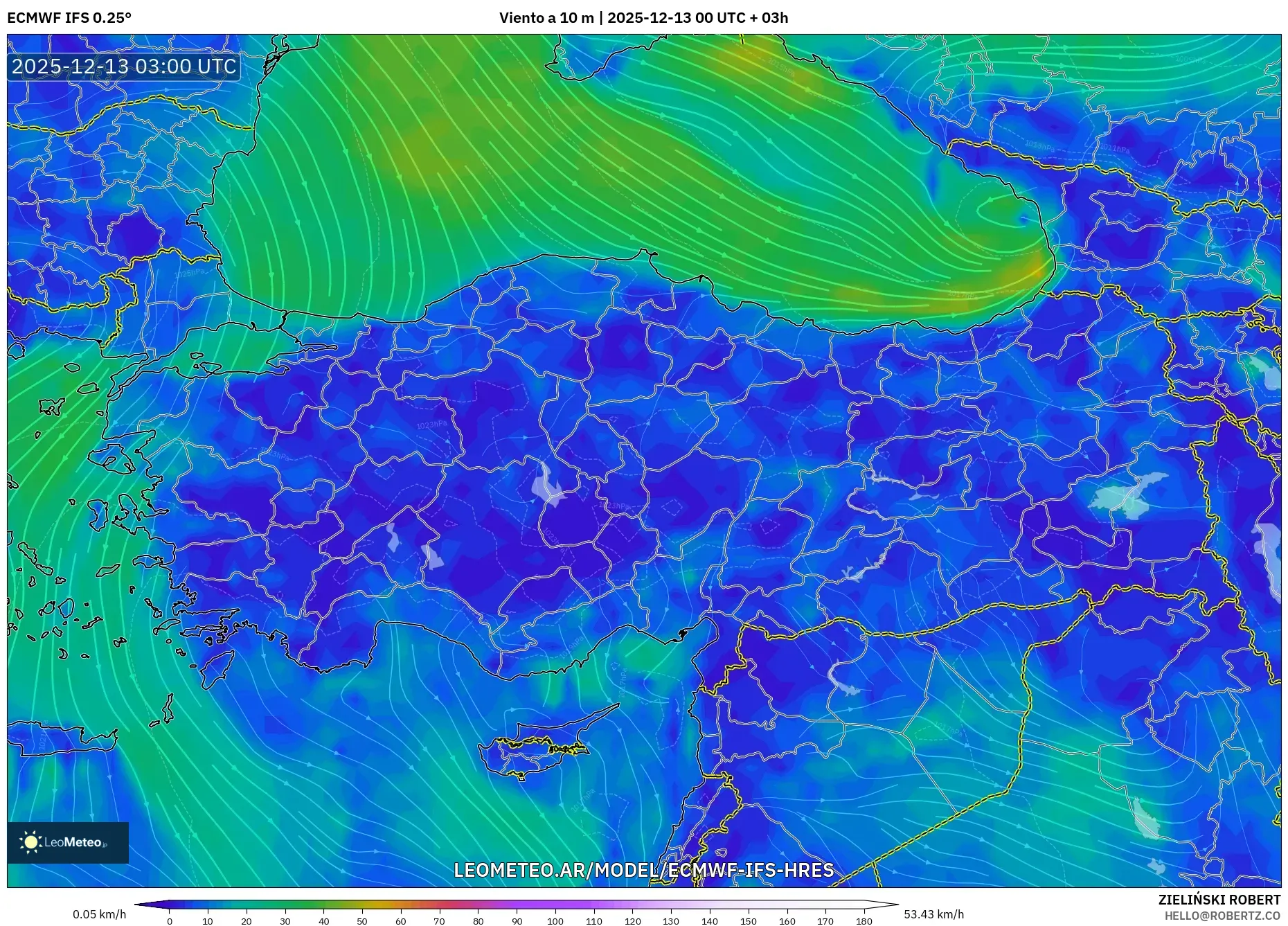 ECMWF IFS 0.25° model - Turquía, Viento a 10 m
