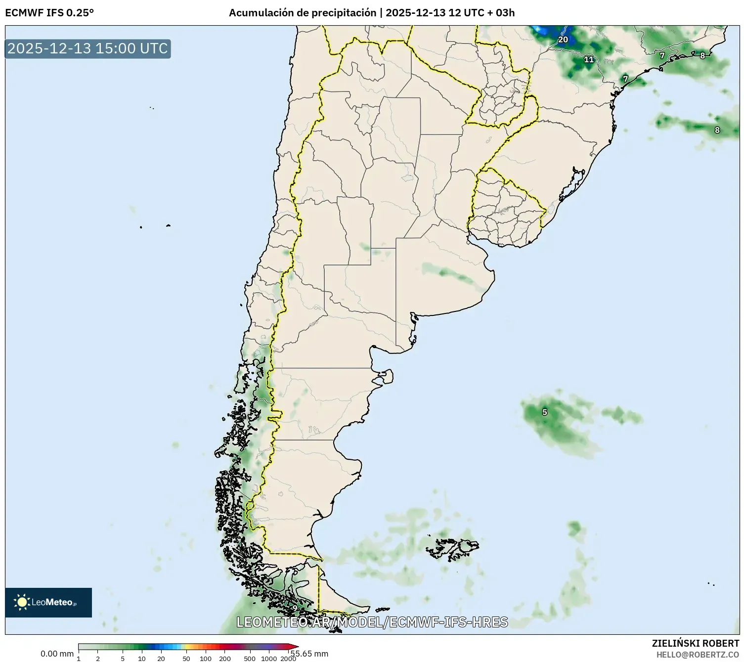 ECMWF IFS 0.25° model - Argentina, Acumulación de precipitación