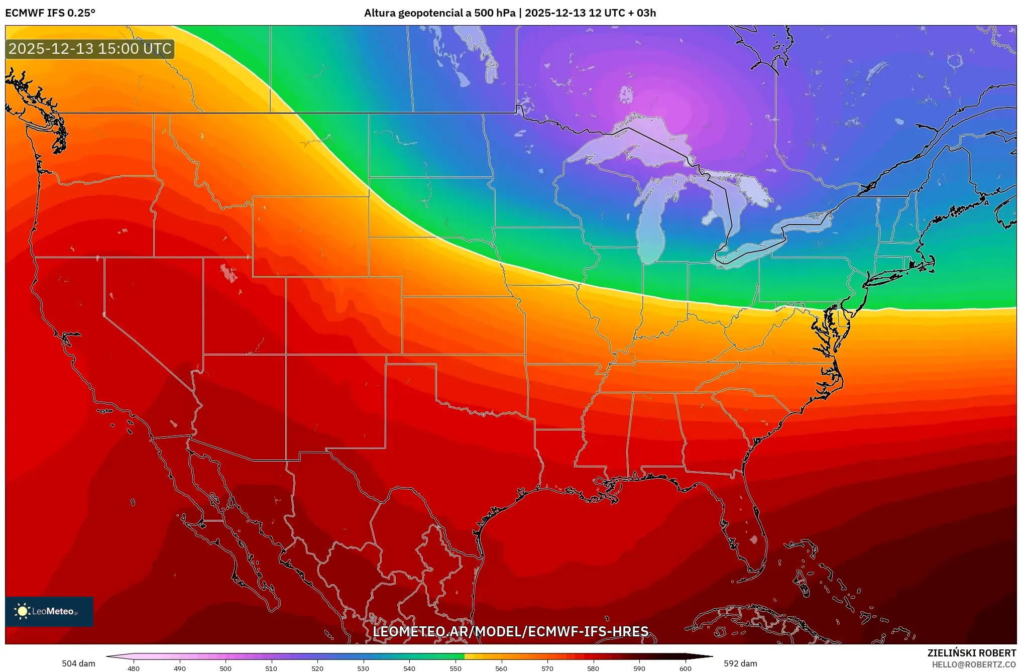 ECMWF IFS 0.25° model - Estados Unidos, Altura geopotencial a 500 hPa