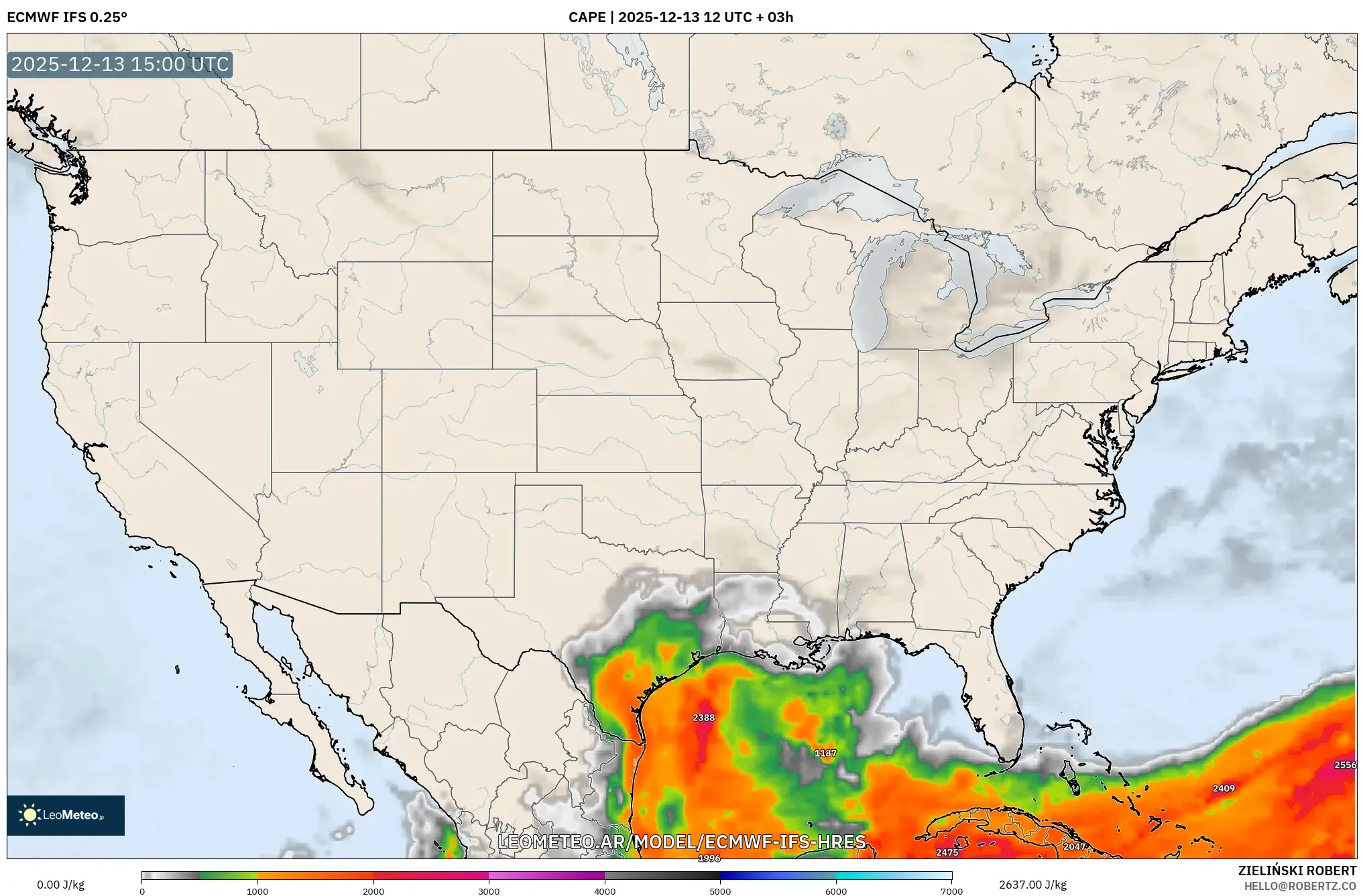 ECMWF IFS 0.25° model - Estados Unidos, CAPE