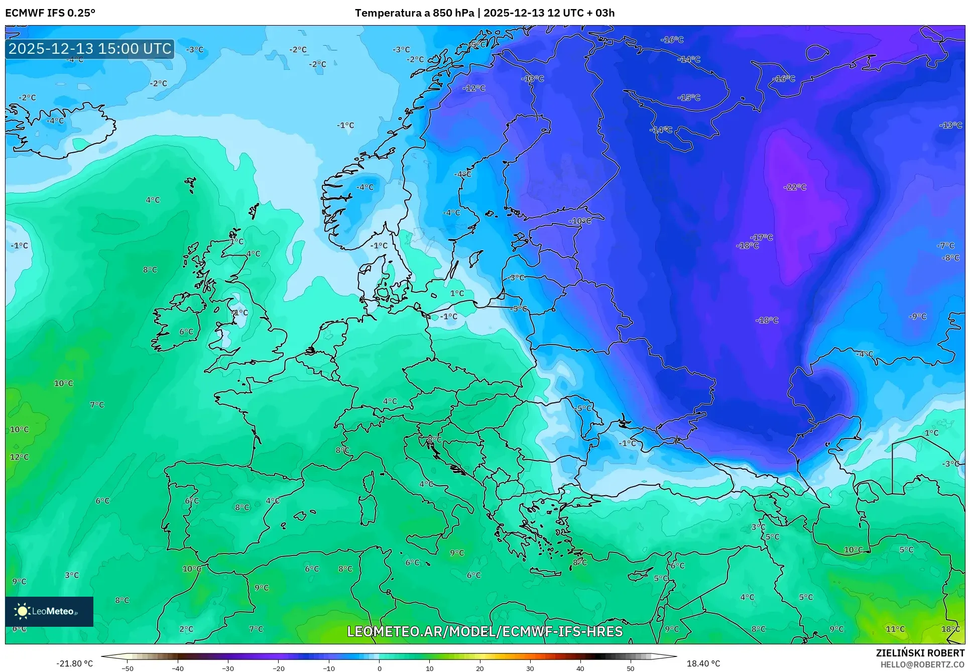 ECMWF IFS 0.25° model - Europa, Temperatura a 850 hPa
