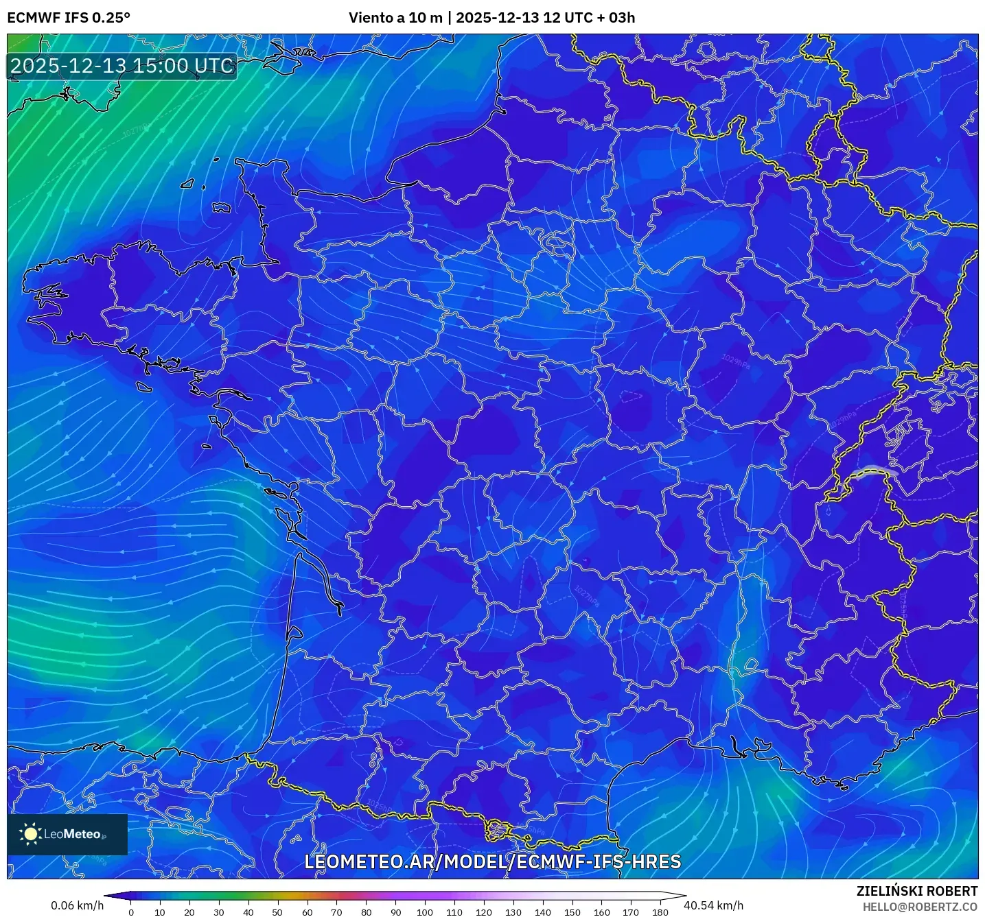 ECMWF IFS 0.25° model - Francia, Viento a 10 m