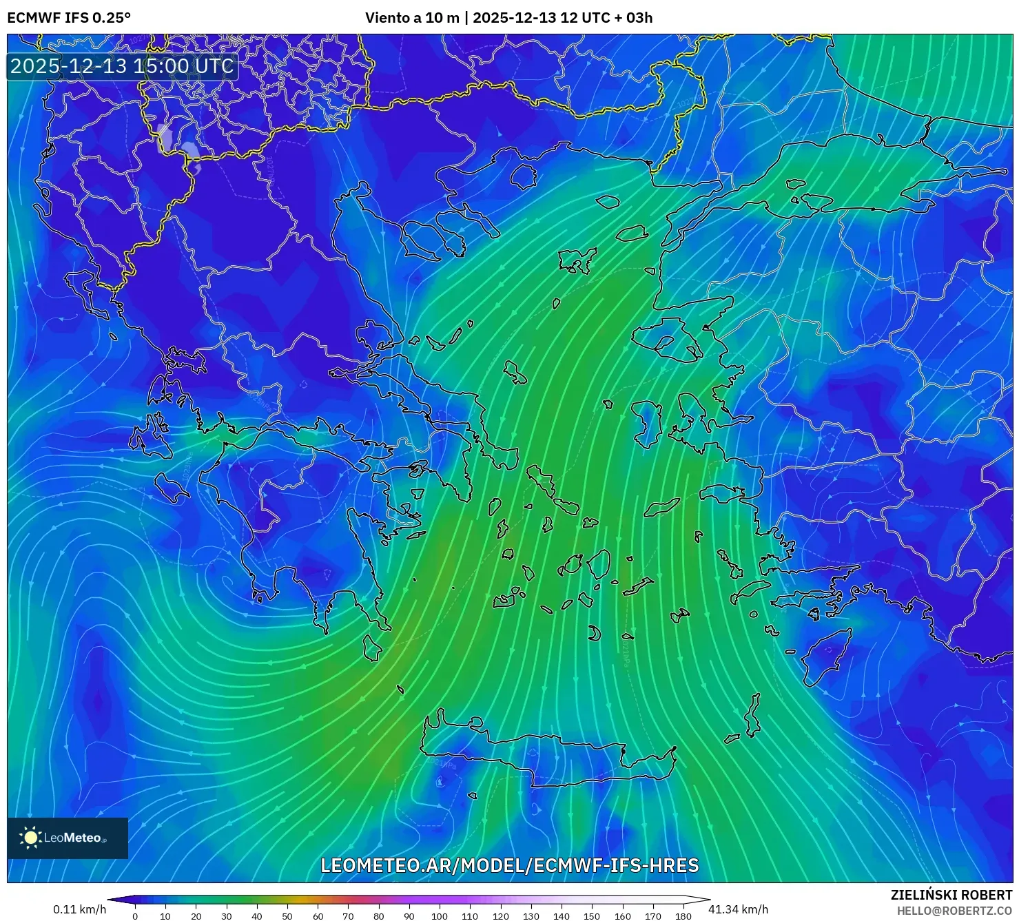 ECMWF IFS 0.25° model - Grecia, Viento a 10 m