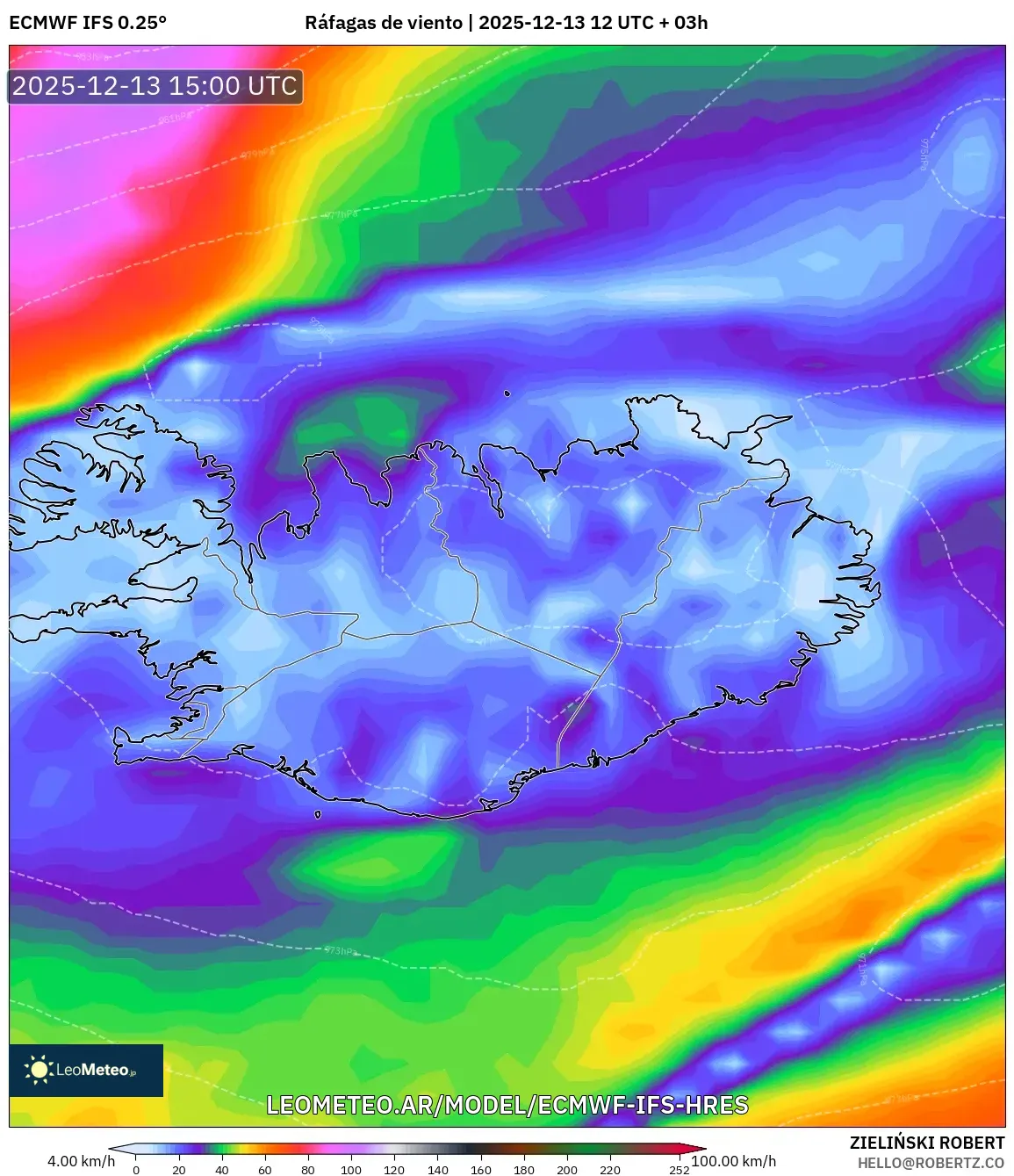 ECMWF IFS 0.25° model - Islandia, Ráfagas de viento