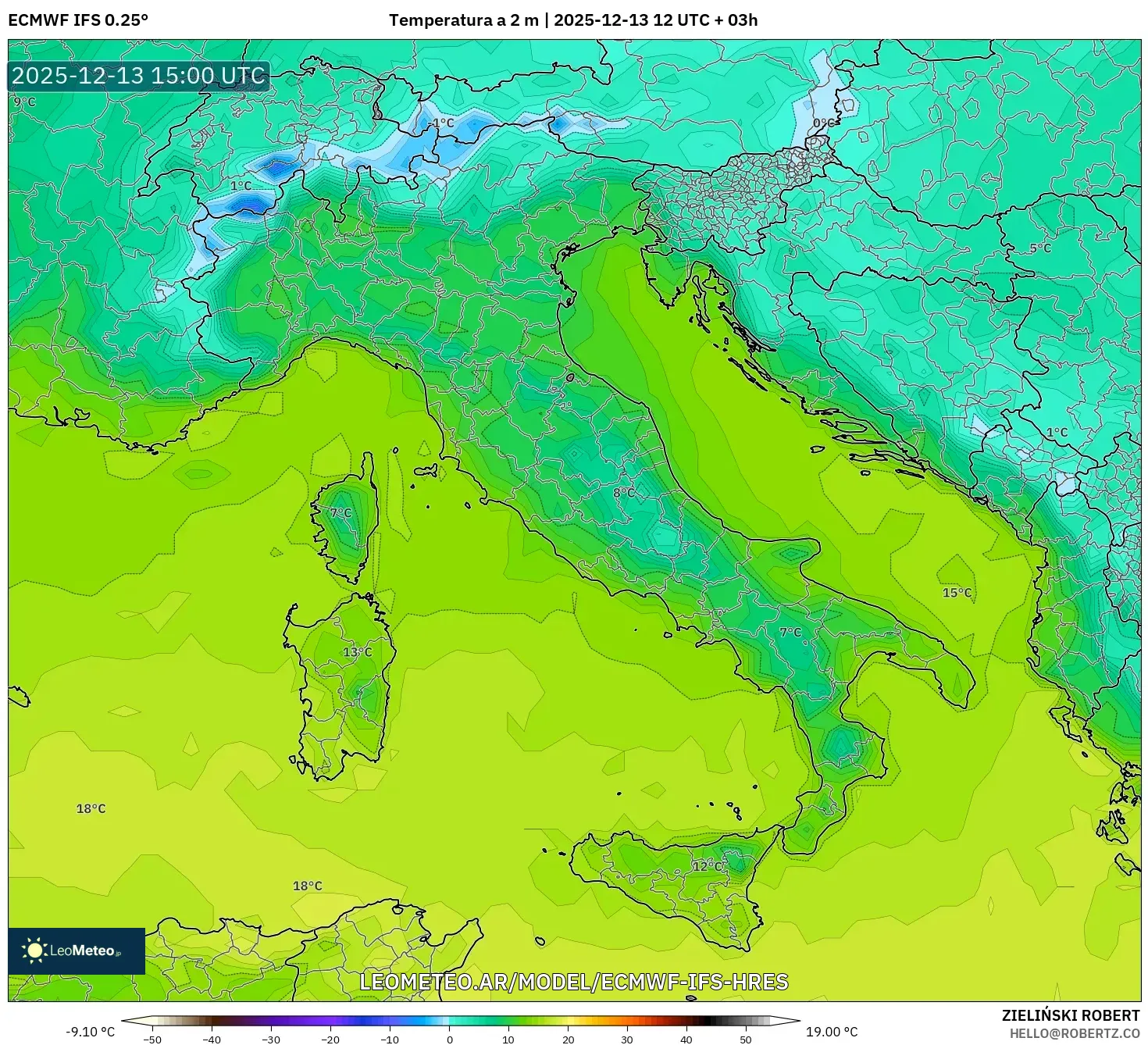 ECMWF IFS 0.25° model - Italia, Temperatura a 2 m