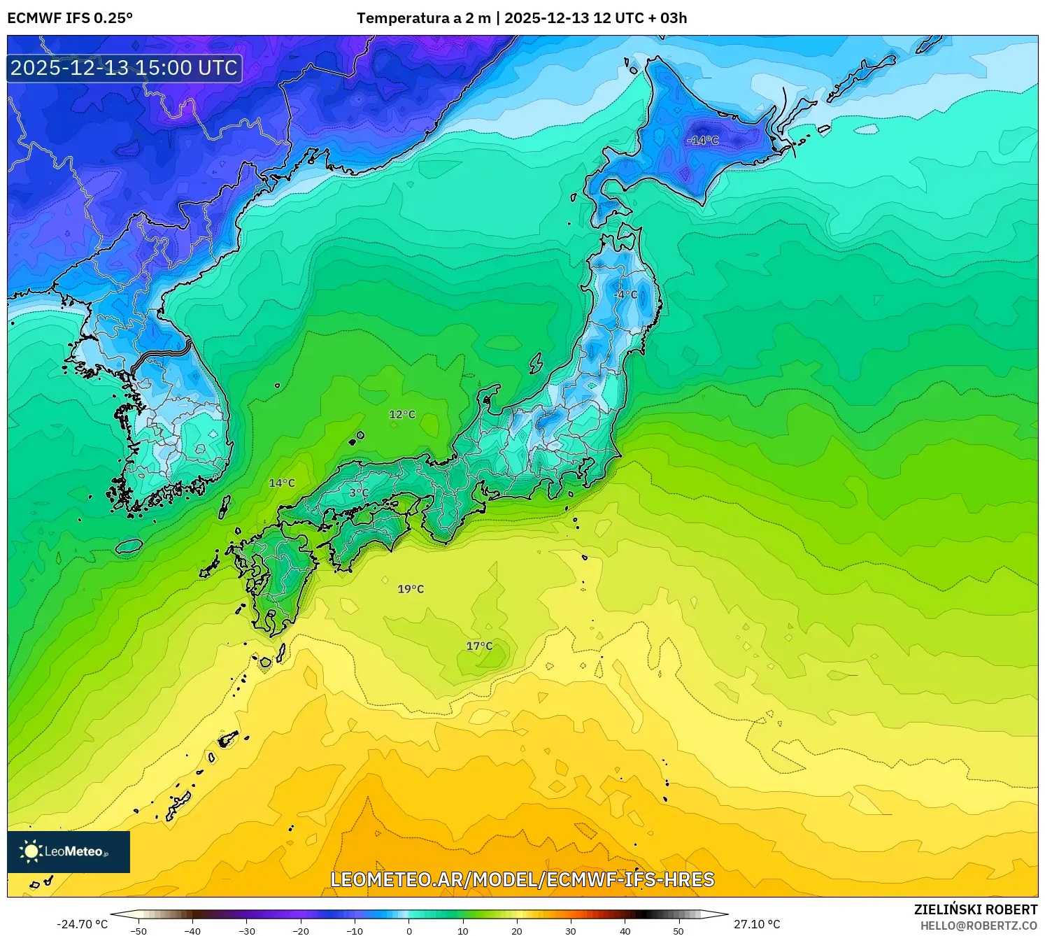 ECMWF IFS 0.25° model - Japón, Temperatura a 2 m