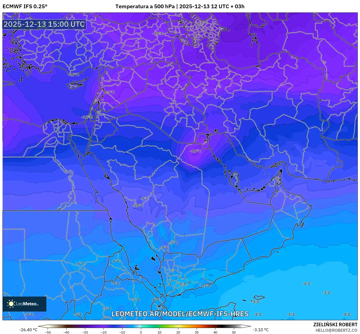 ECMWF IFS 0.25° model - Oriente Medio, Temperatura a 500 hPa