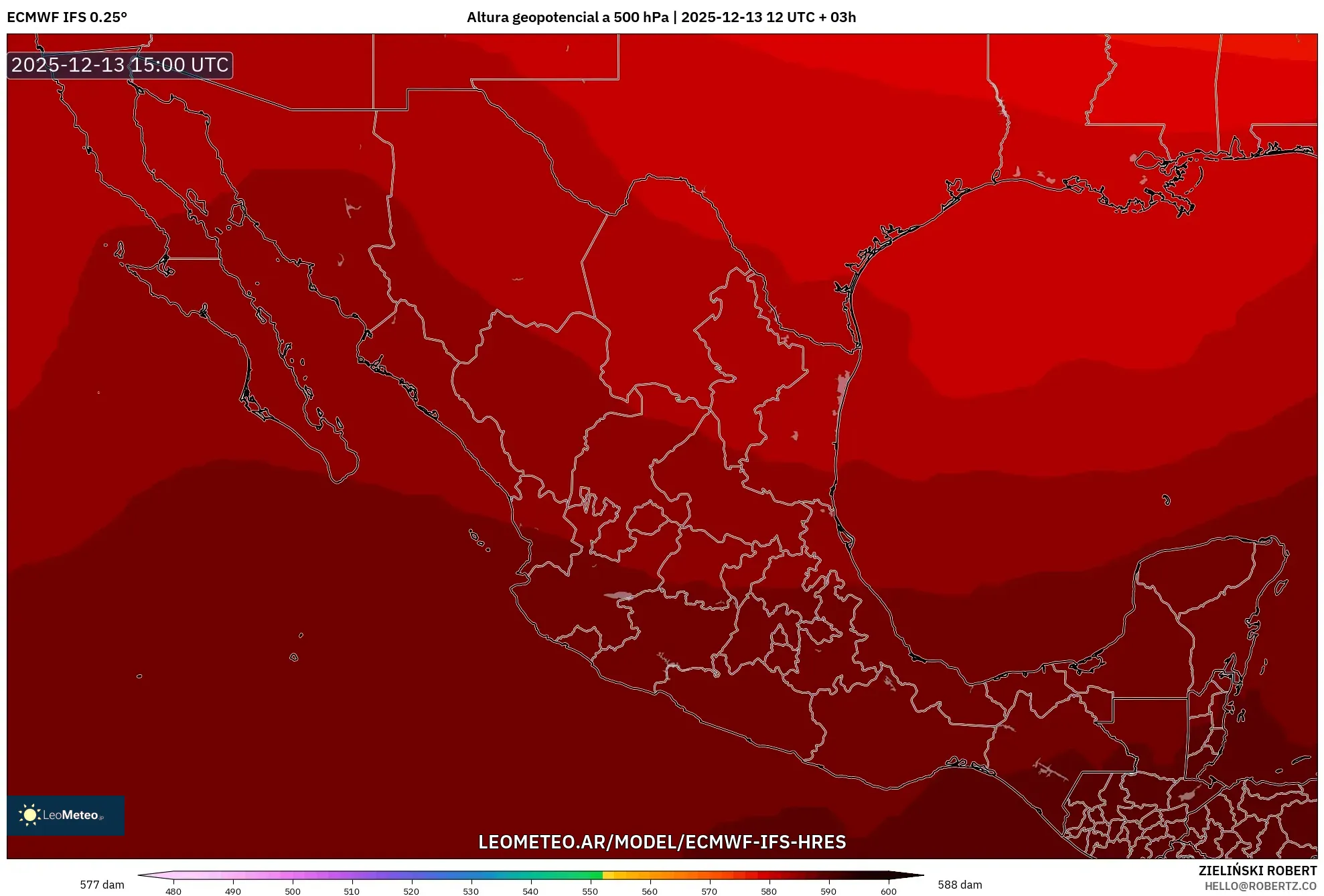 ECMWF IFS 0.25° model - México, Altura geopotencial a 500 hPa