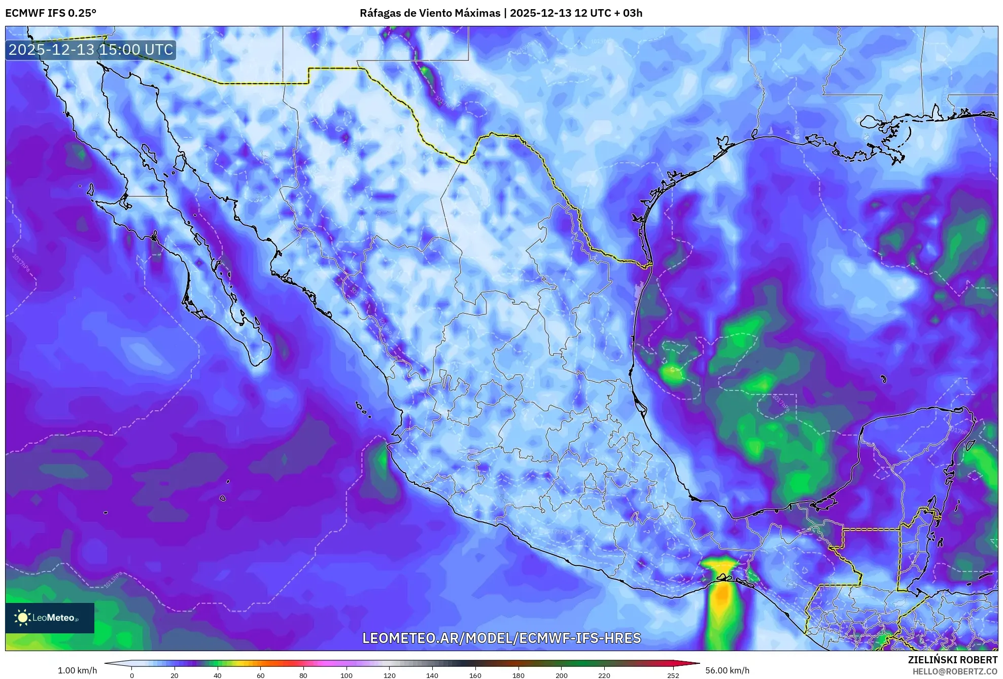 ECMWF IFS 0.25° model - México, Ráfagas de Viento Máximas