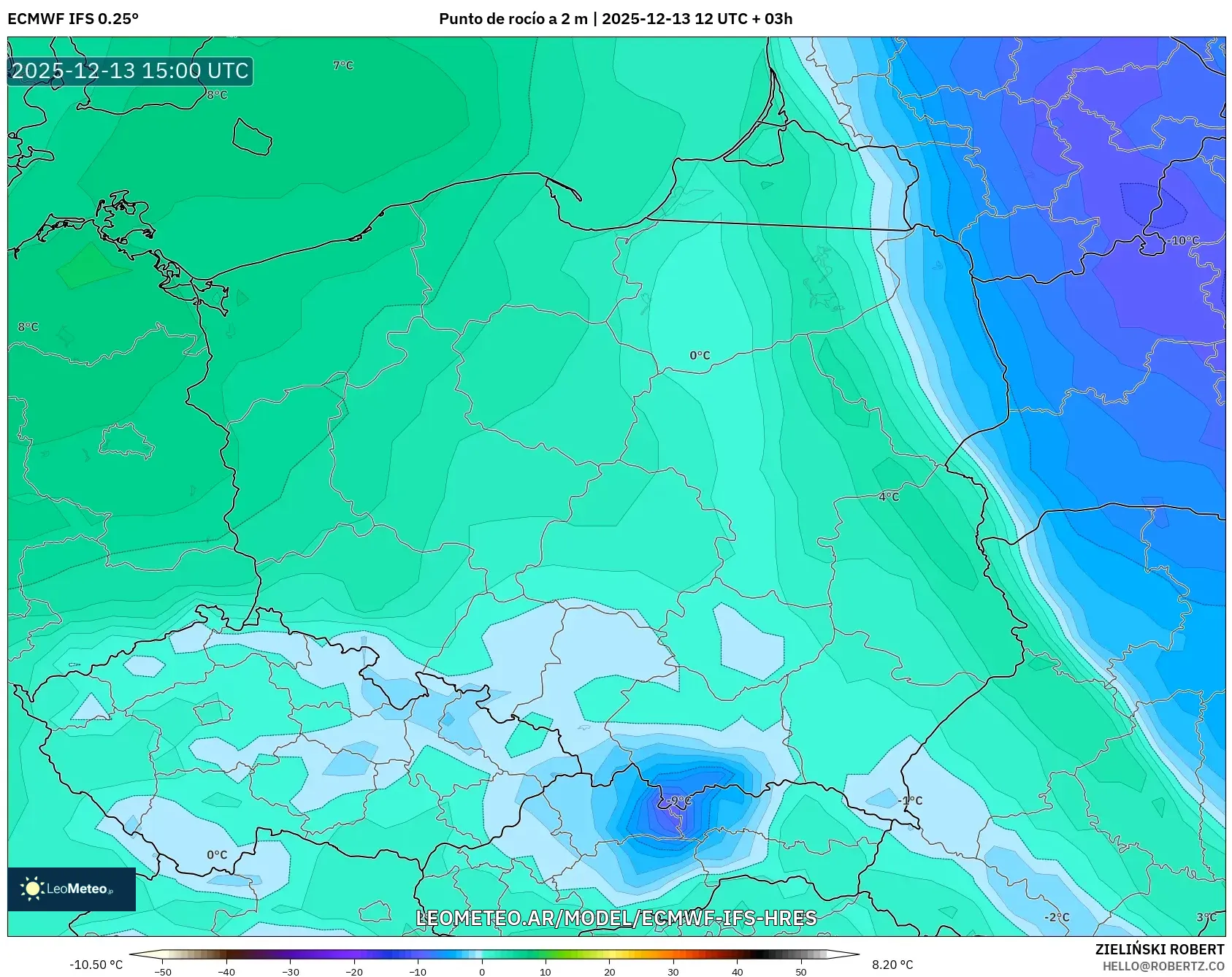ECMWF IFS 0.25° model - Polonia, Punto de rocío a 2 m