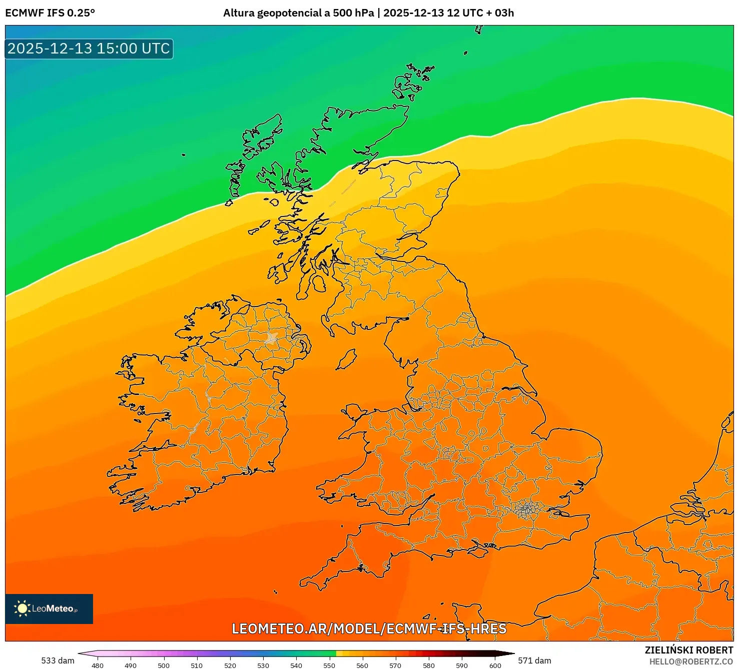 ECMWF IFS 0.25° model - Reino Unido, Altura geopotencial a 500 hPa