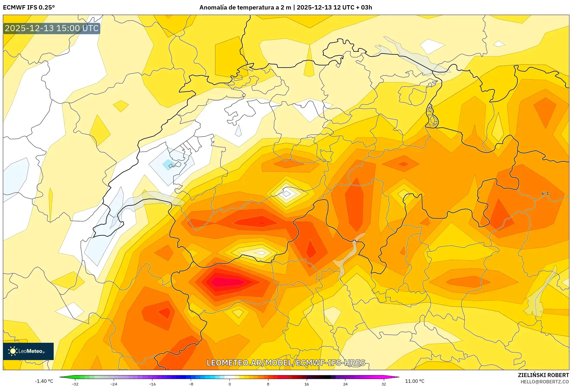 ECMWF IFS 0.25° model - Suiza, Anomalía de temperatura a 2 m