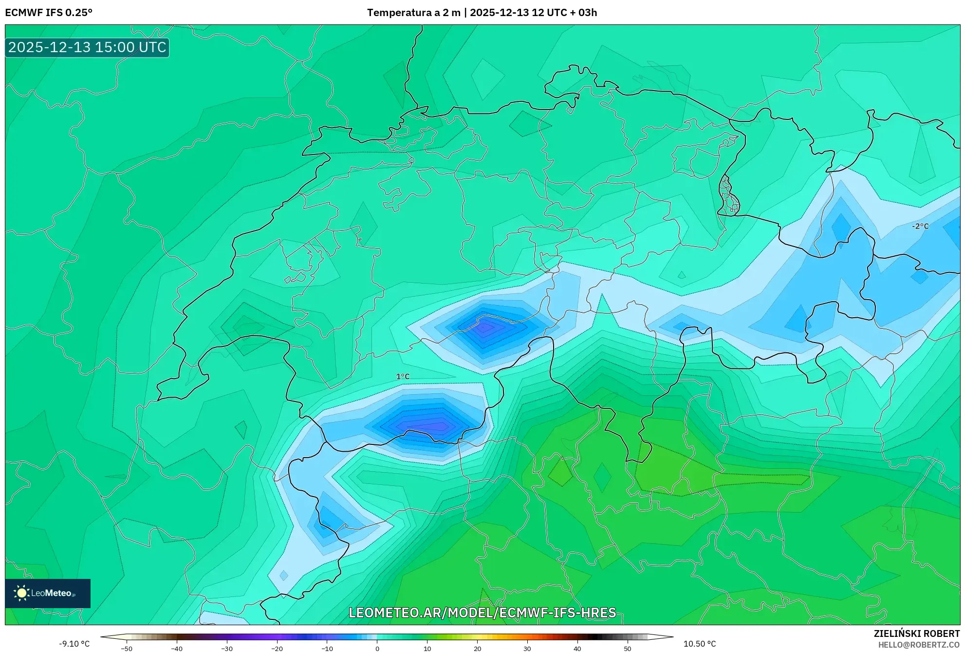 ECMWF IFS 0.25° model - Suiza, Temperatura a 2 m