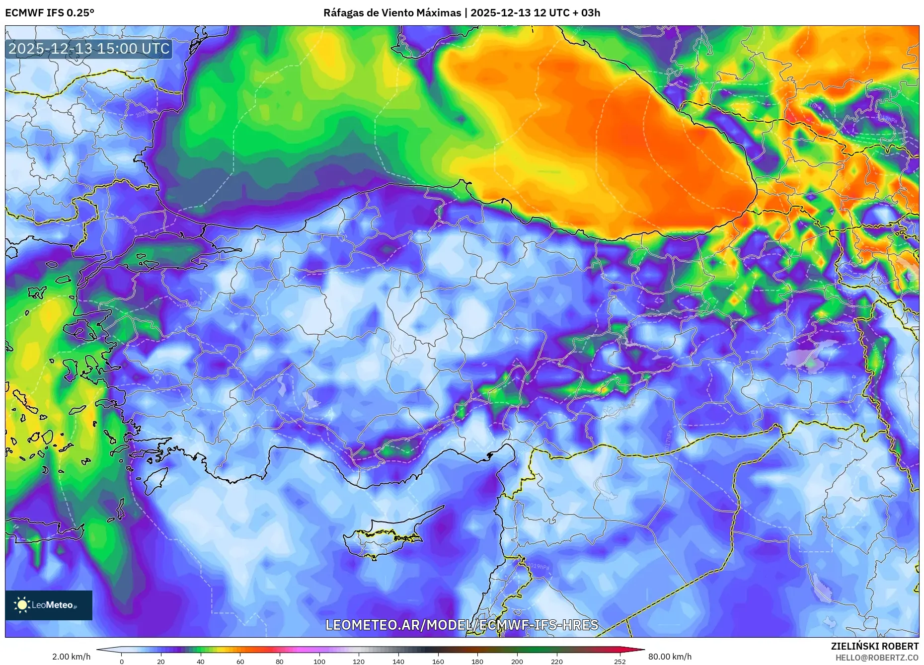 ECMWF IFS 0.25° model - Turquía, Ráfagas de Viento Máximas