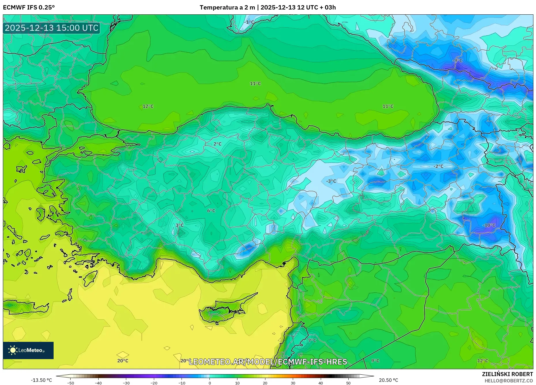 ECMWF IFS 0.25° model - Turquía, Temperatura a 2 m