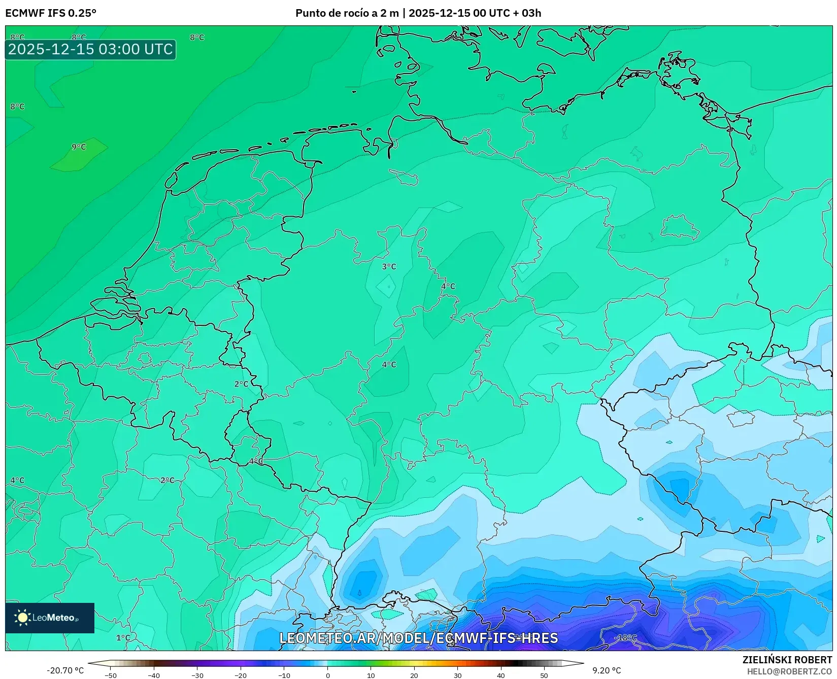 ECMWF IFS 0.25° model - Alemania, Punto de rocío a 2 m