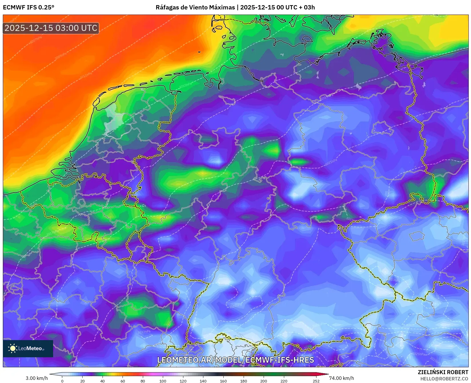 ECMWF IFS 0.25° model - Alemania, Ráfagas de Viento Máximas