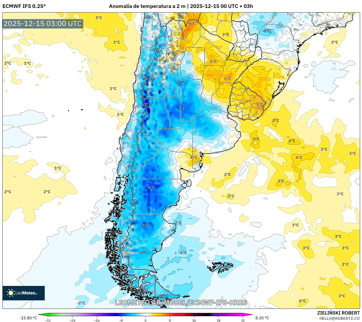 ECMWF IFS 0.25° model - Argentina, Anomalía de temperatura a 2 m