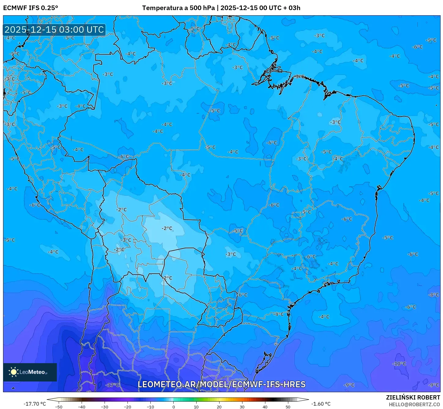 ECMWF IFS 0.25° model - Brasil, Temperatura a 500 hPa