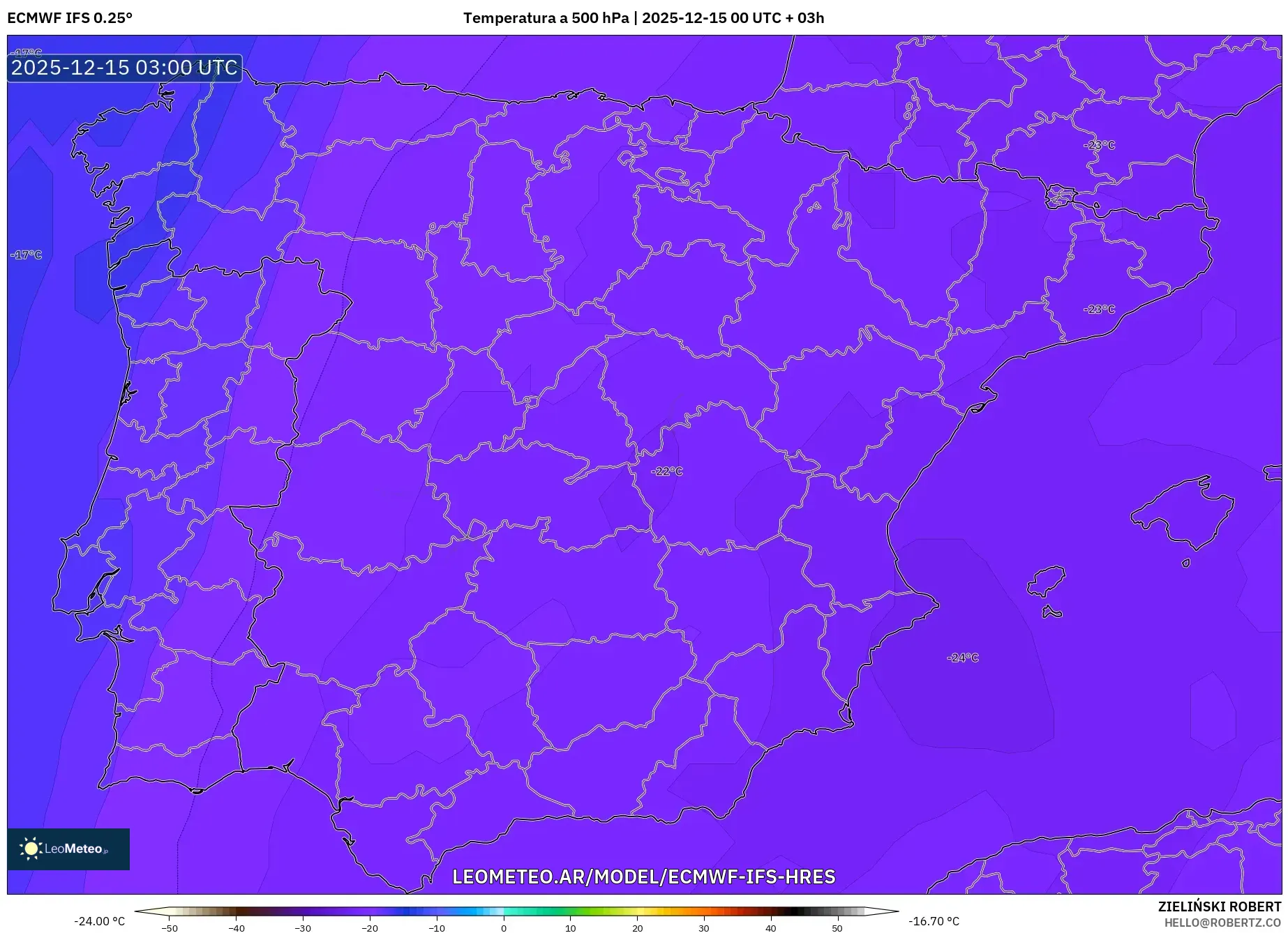 ECMWF IFS 0.25° model - España, Temperatura a 500 hPa