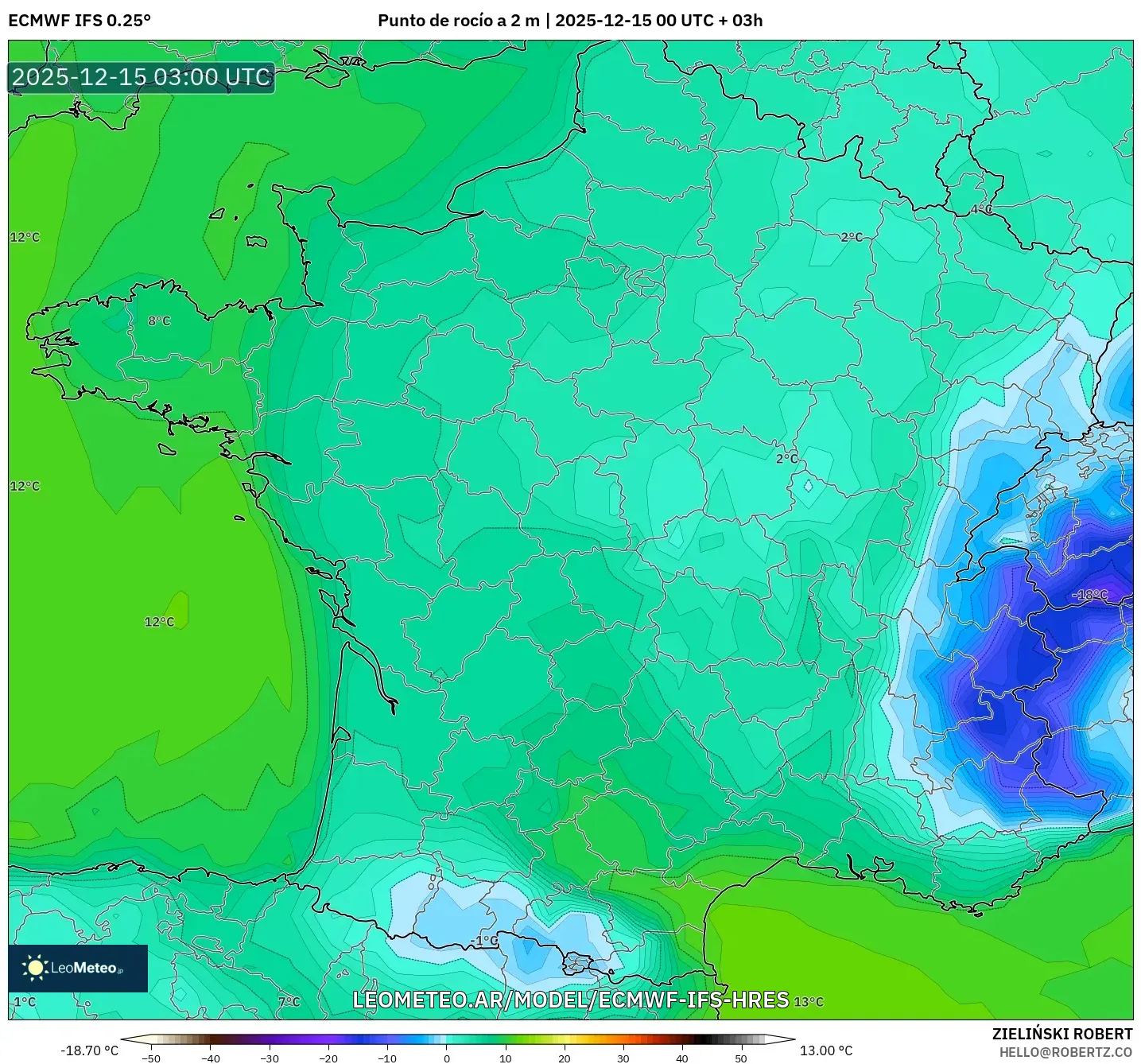 ECMWF IFS 0.25° model - Francia, Punto de rocío a 2 m
