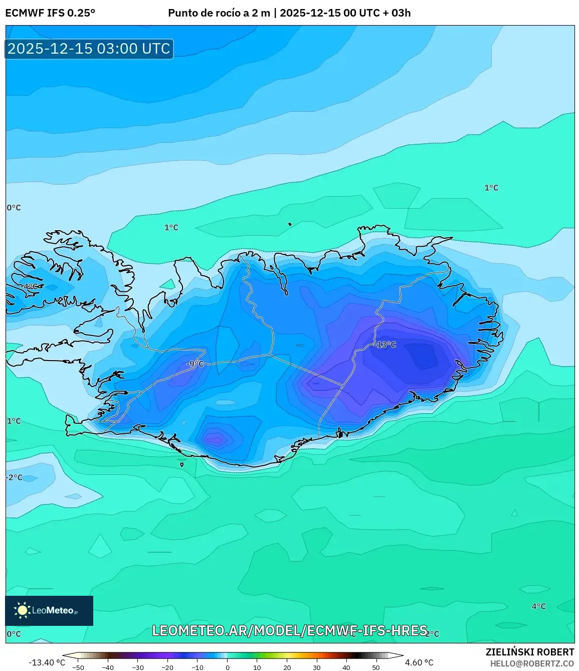 ECMWF IFS 0.25° model - Islandia, Punto de rocío a 2 m